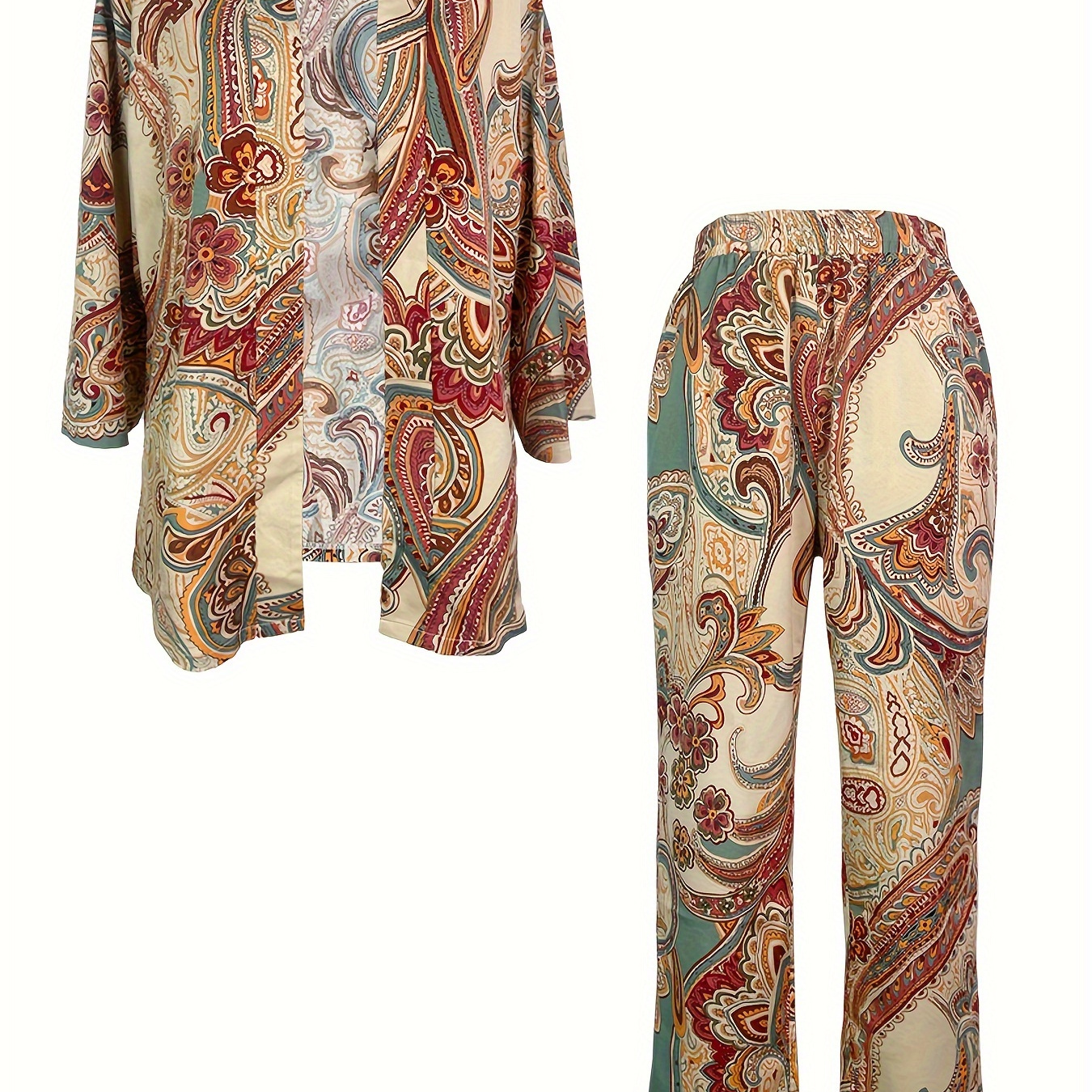 

Boho Paisley Print Pants Set, Button Front Long Sleeve Blouse & Straight Leg Pants Outfits, Women's Clothing