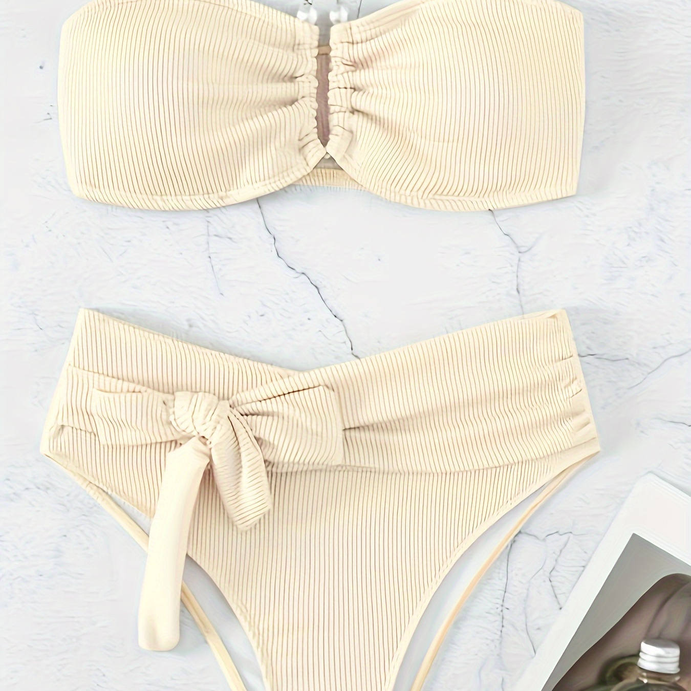 

Solid Color Bandeau 2 Piece Set Bikini, Tube Top Tie Front High Cut Swimsuits, Women's Swimwear & Clothing