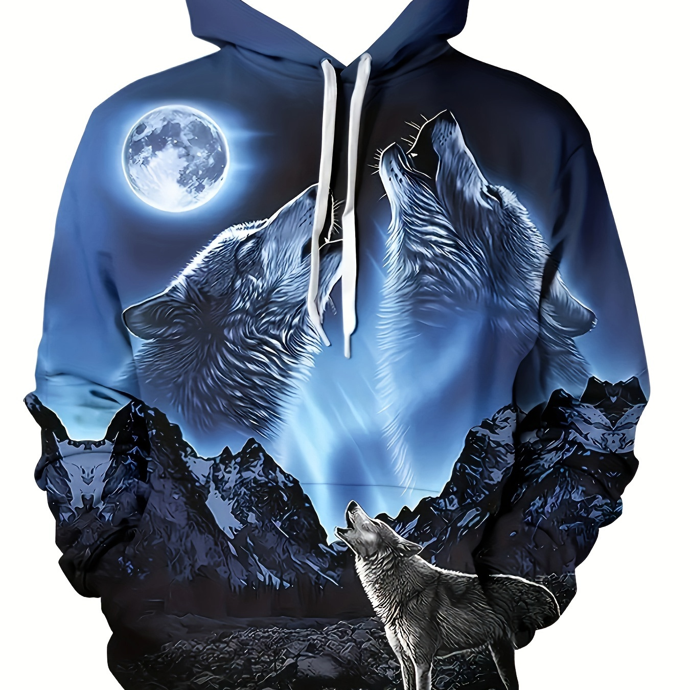 

Wolf Moon Print Men's Pullover Round Neck Hoodies With Kangaroo Pocket & Drawstring Long Sleeve Hooded Sweatshirt Loose Casual Top For Autumn Winter Men's Clothing As Gifts