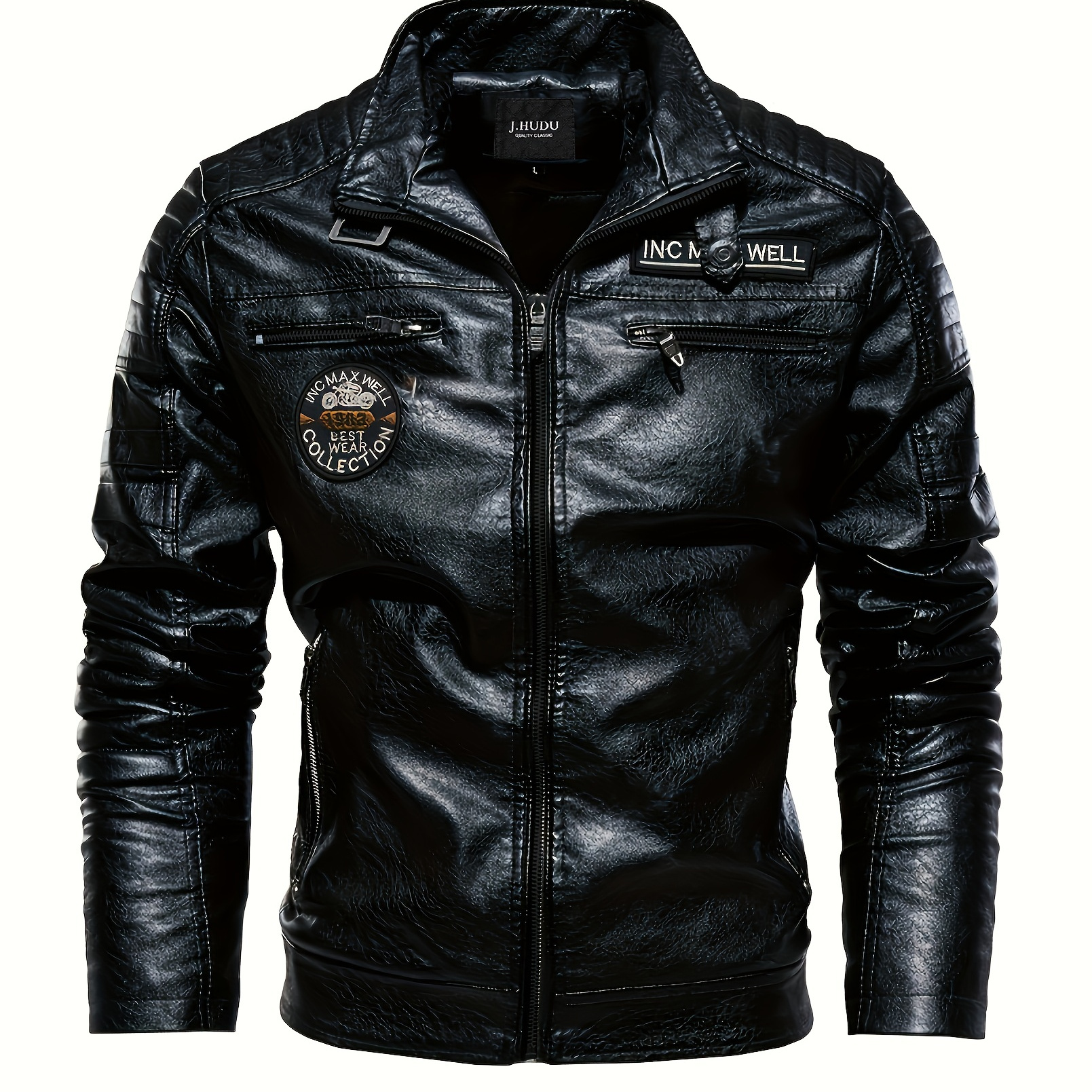 Men's Creative Badge Graphic Print Jacket, Faux Leather Jacket For Spring/autumn/winter, Handsome & Cool Slim Fit Jacket, Perfect For Cool Males, Plus Size