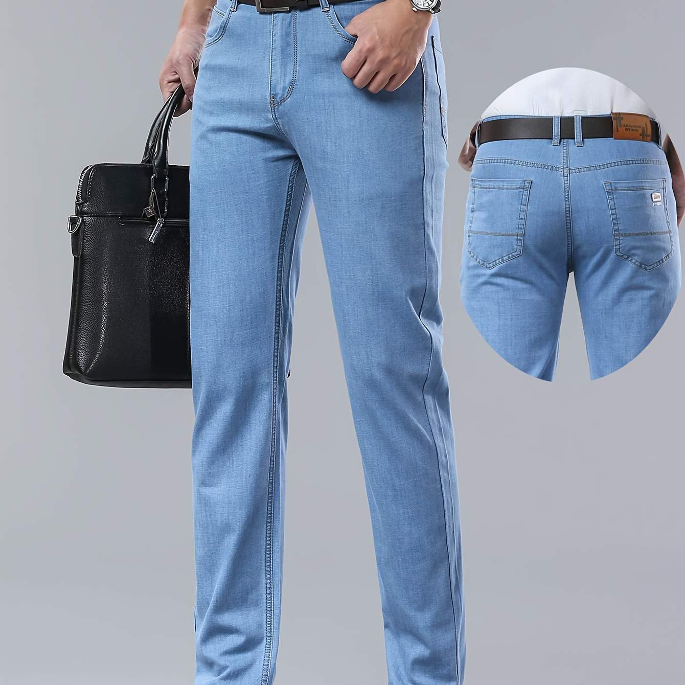 

Men's Solid Washed Denim Pants With Pockets, Formal Cotton Blend Thin Barrel Jeans For Summer Outdoor Activities Gift