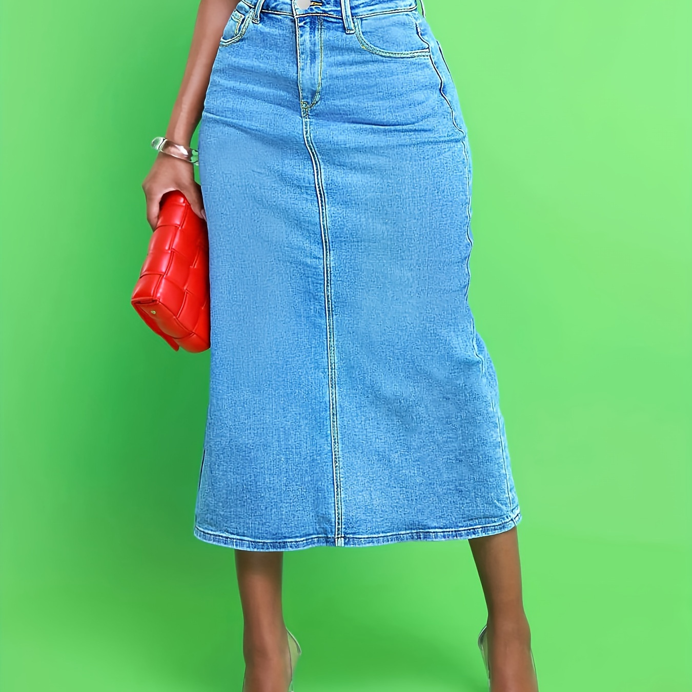 

Black Split Back Denim Midi Skirt, Slim Fit Slant Pockets Slight Stretch Denim Skirt, Women's Denim Clothing