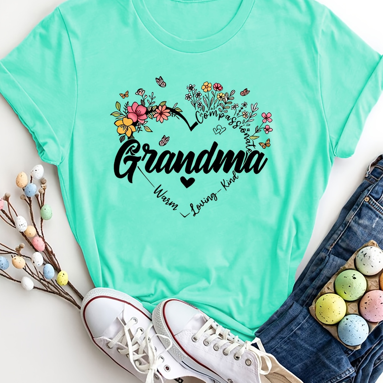 

Grandma Print Crew Neck T-shirt, Short Sleeve Casual Top For Summer & Spring, Women's Clothing