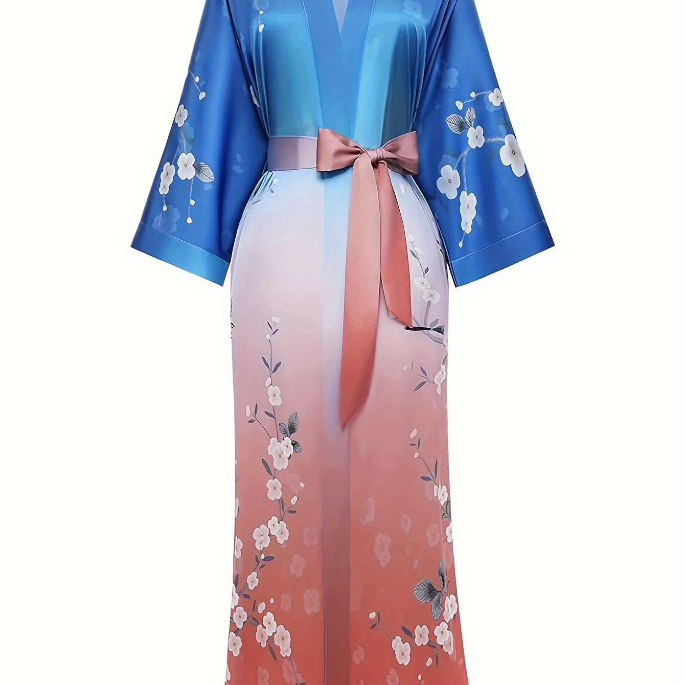 

Long Kimono Robe Satin Sleepwear Gradient Watercolor Silky Kimono Nightgown Bathrobe Kimono Blouse Cardigan