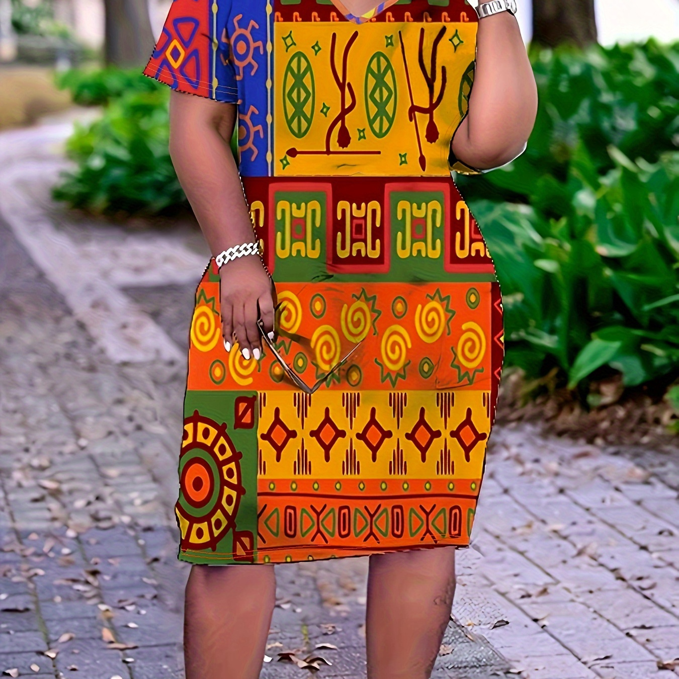 

Plus Size Allover Print Dress, Casual V Neck Short Sleeve Dress For Spring & Summer, Women's Plus Size Clothing