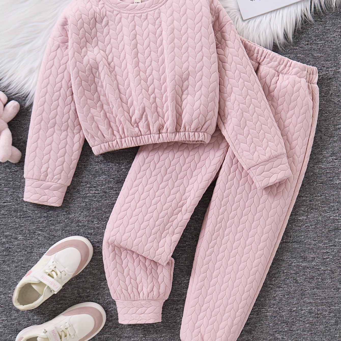 

2- ' Outfit Set, , Round , Long Sleeve Top And Straight-leg Pants, Knitted Polyester For /, For