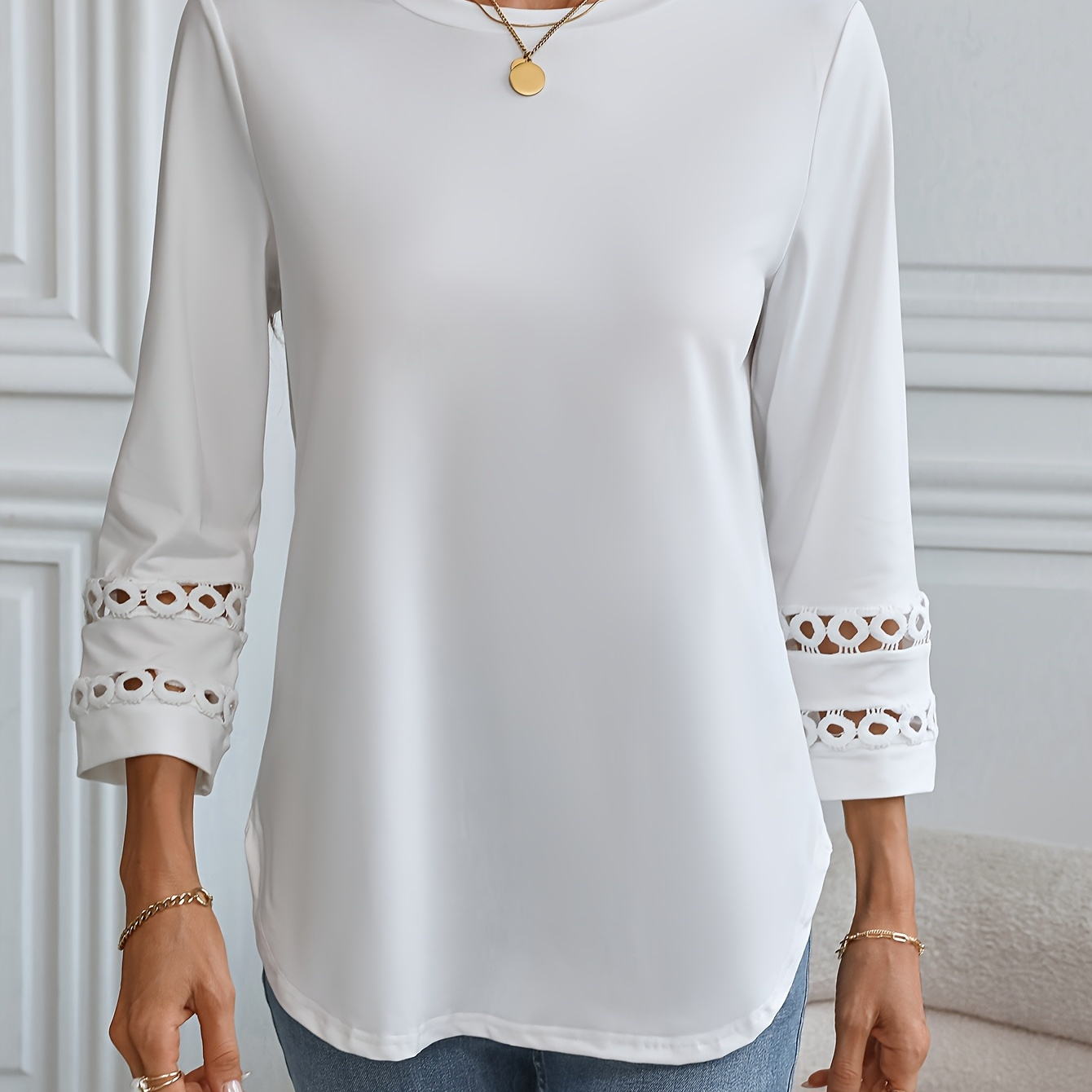 

Solid Patchwork -quarter Sleeve T-shirt, Elegant Crew Neck T-shirt For Spring & Fall, Women's Clothing