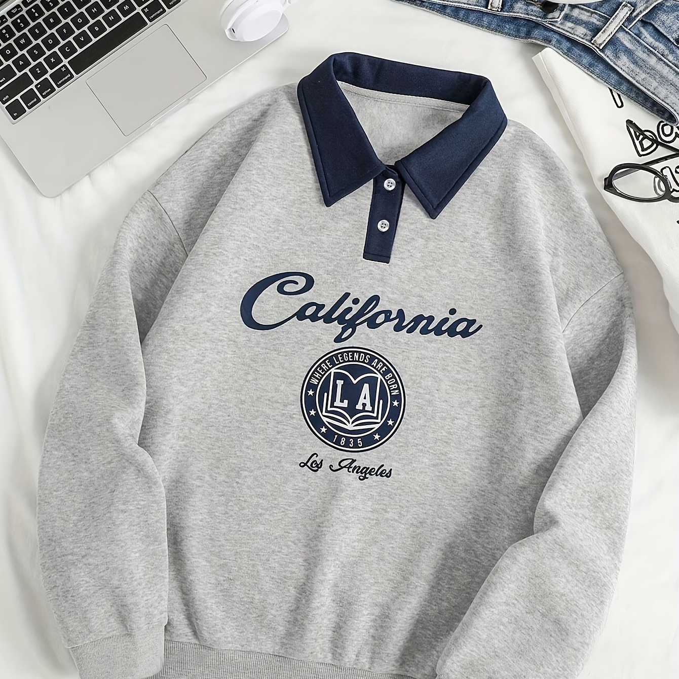 

California Los Angeles Letter Print Sweatshirt, Elegant Polyester Knit Fabric, Regular Length, Long Sleeve, With Lapel Collar, Stretch, For Spring/fall