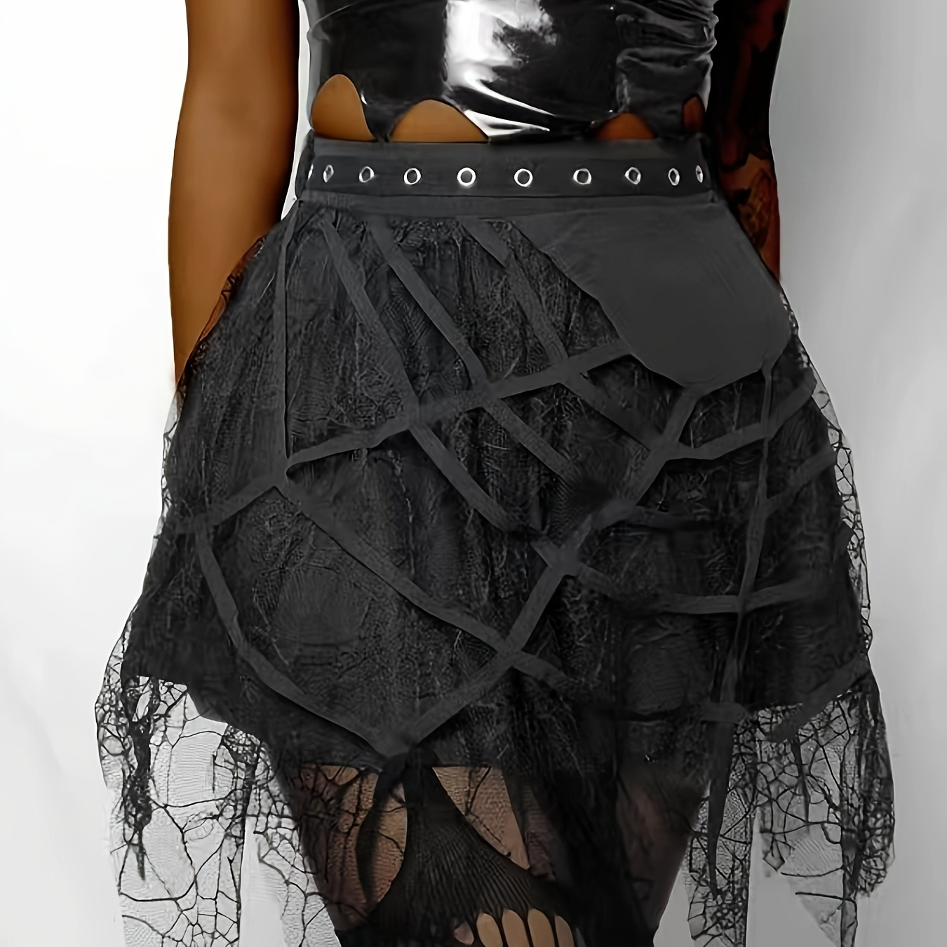 

Spider Web Gauze Patchwork Skirt, Stylish Grommet Decor Asymmetric Hem A-line Skirt, Women's Clothing