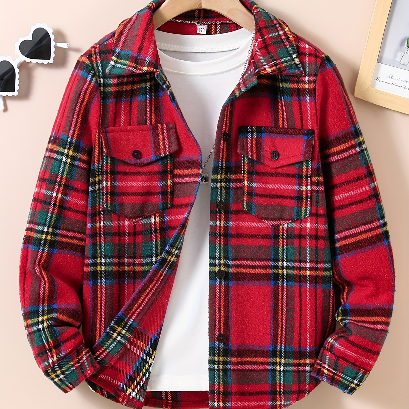 

Boys Plaid Preppy Button Down Lapel Shirt, Kids Long Sleeve Comfy Fla Pocket Top For Fall Winter