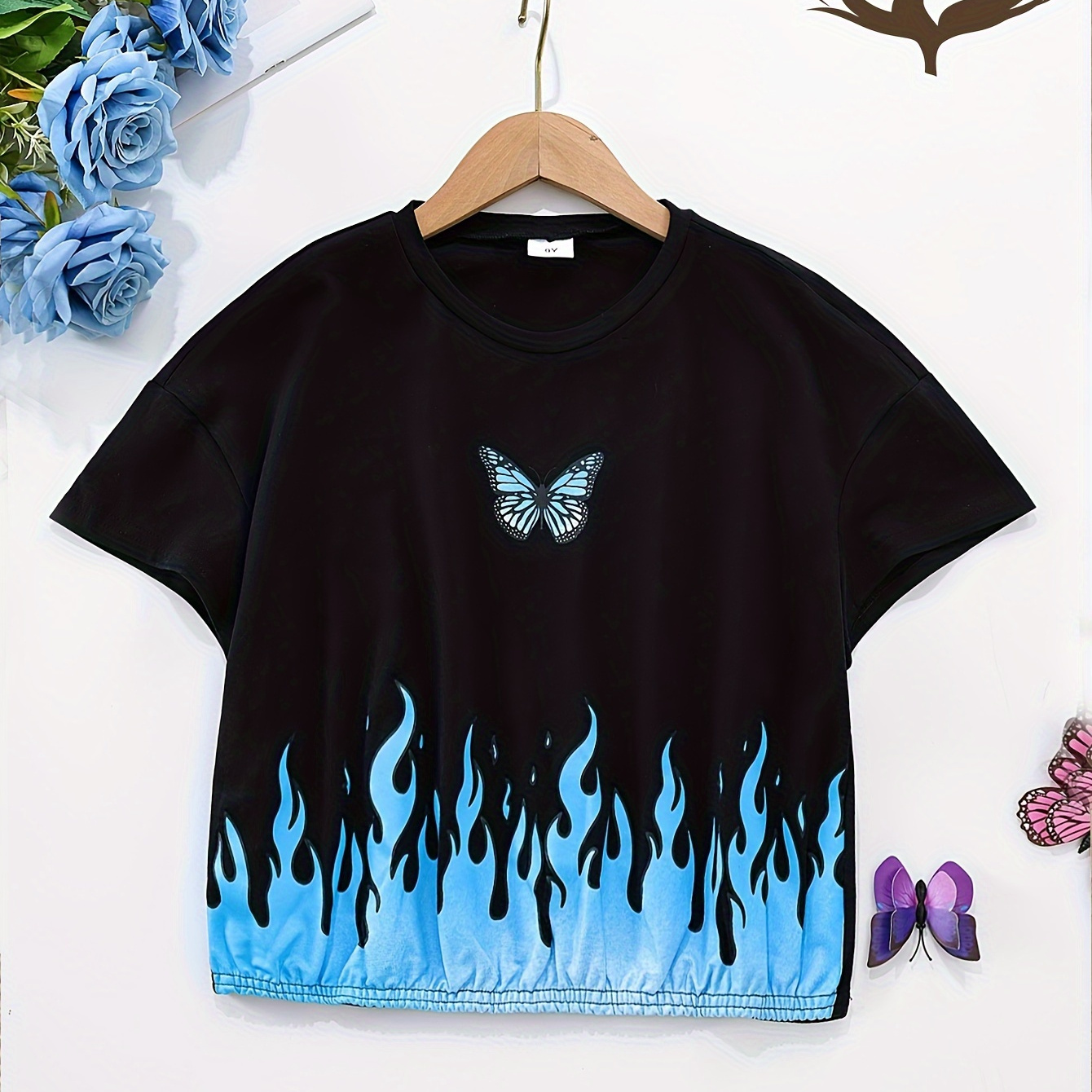 

Girls T-shirt Green Flames & Butterfly Print Short Sleeve Tee Shirts Cute Kids Casual Tops Clothing
