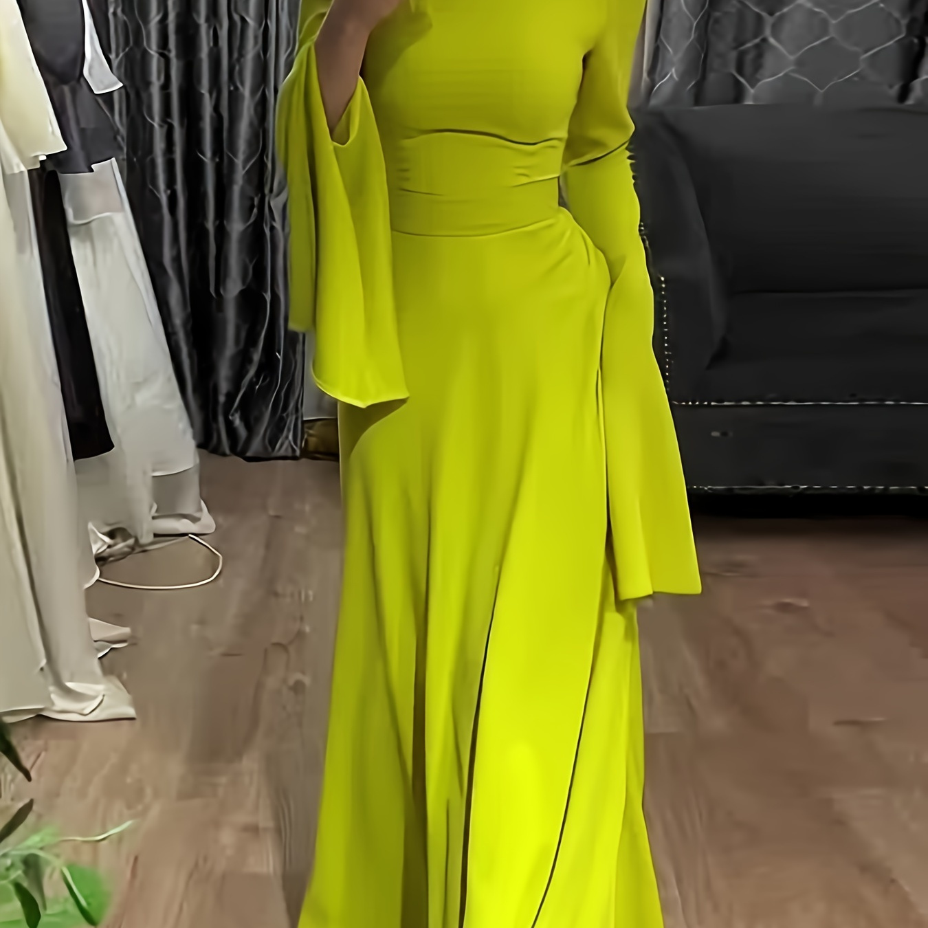 

New High-end French Temperament Yellow-green Long-sleeved Dress For Women, Slimming Waist-length Skirt