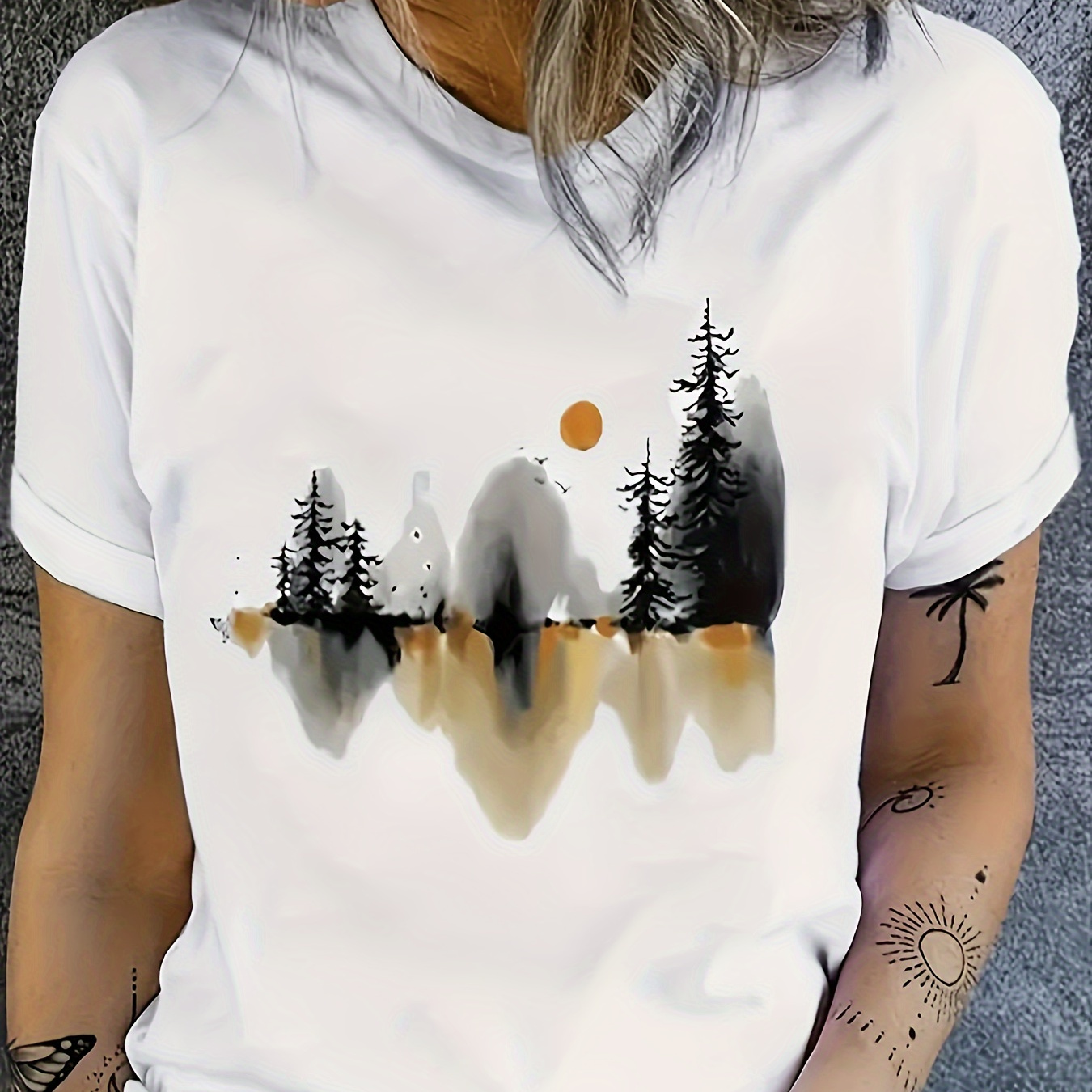 

Landscape Print Crew Neck T-shirt, Casual Short Sleeve T-shirt For Spring & Summer, Women's Clothing