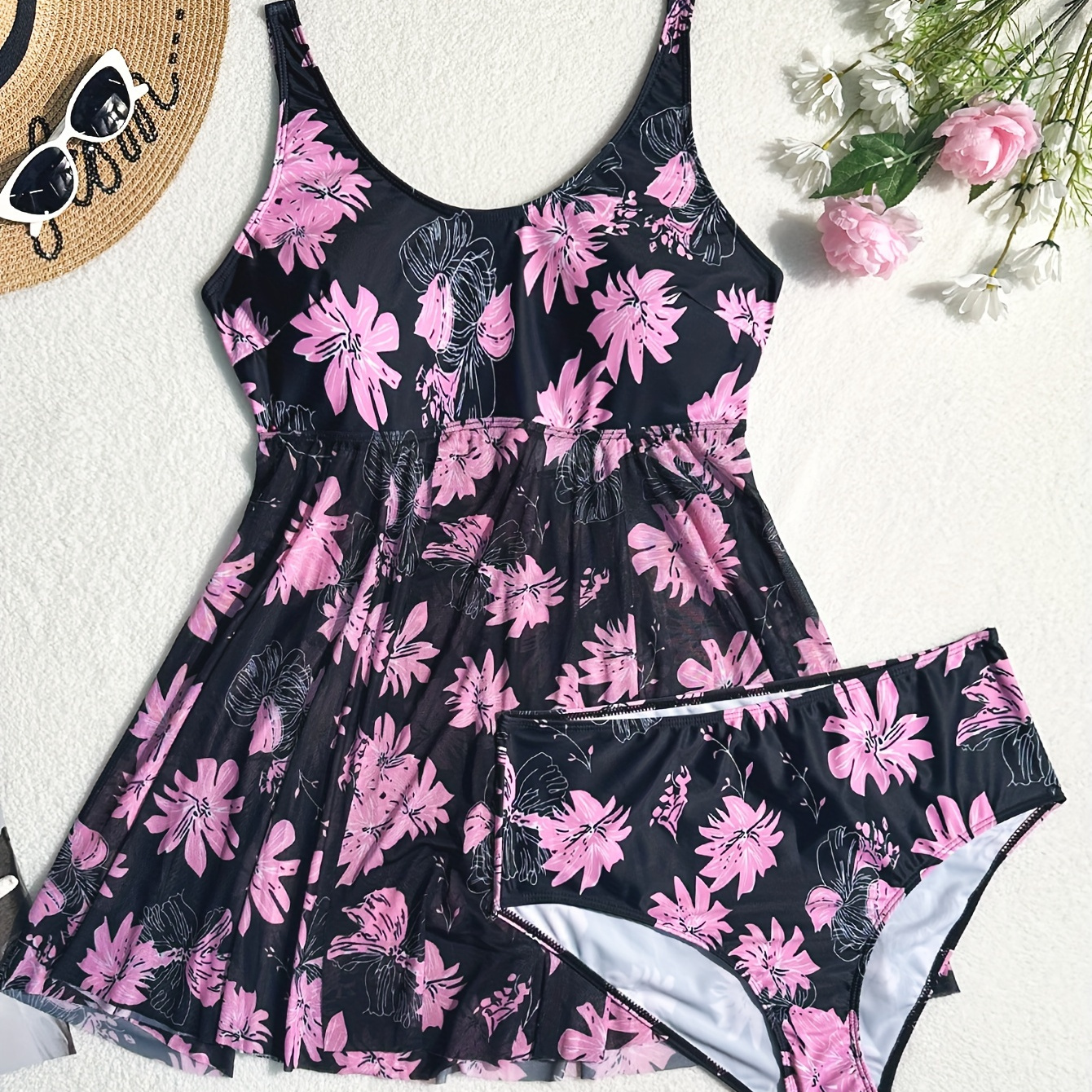 

Women's Plus Size Elegant Floral Swimdress, Black And Pinkish Print, 2-piece Swimsuit Flattering Tummy Control Design, Beachwear For Summer Vacation