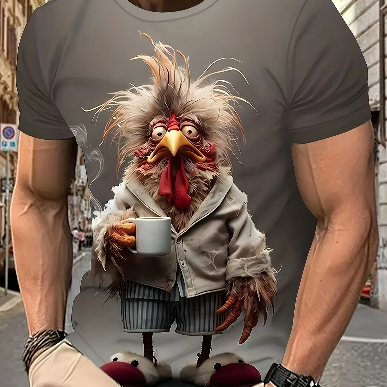 

Men's Polyester Crew Neck T-shirt, , Regular Fit, Short Sleeve, With Cartoon Chicken Print, For Summer, Weekend Casual Knit Fabric Tee With Slight Stretch