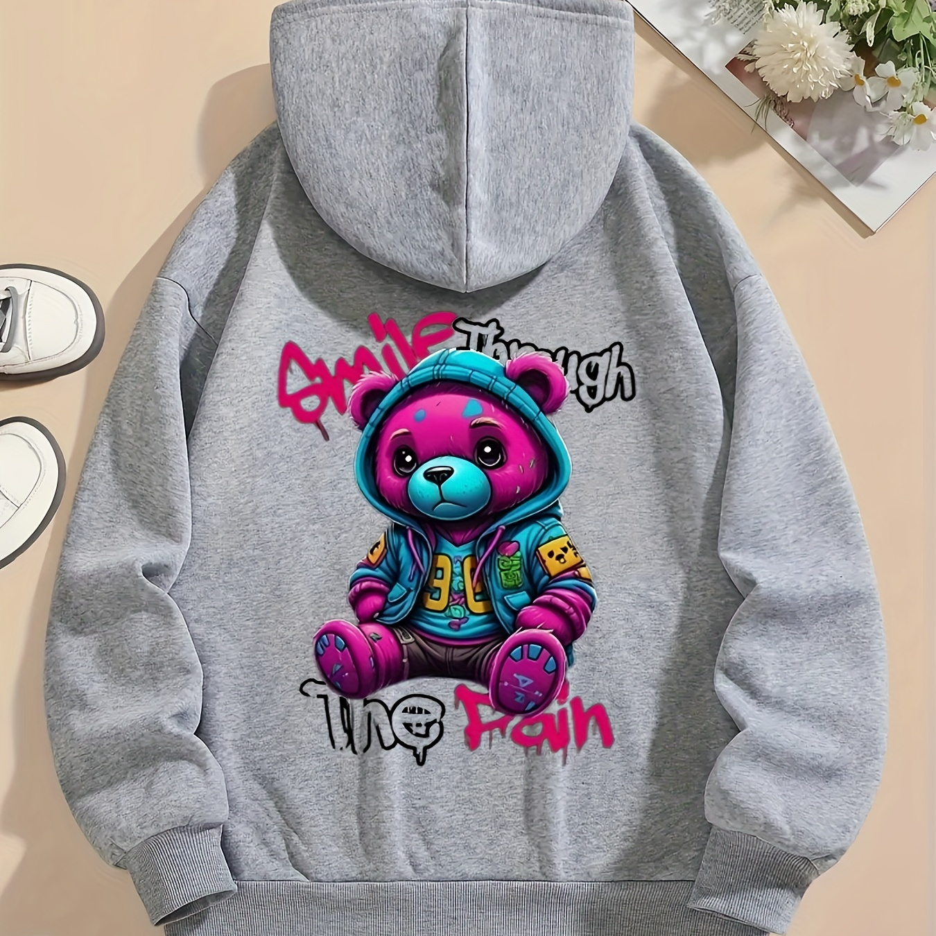 

Women's Casual Graphic Teddy Bear Hoodie - Stylish Black Pullover With Design, Drawstring Hood, Long Sleeves, Machine Washable, Polyester - Fall & Winter