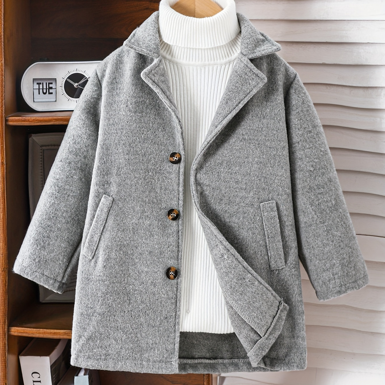 

Boy's Lapel Coat, Fleece Warm Lining Solid Cozy Button-up Jacket For Spring And Autumn