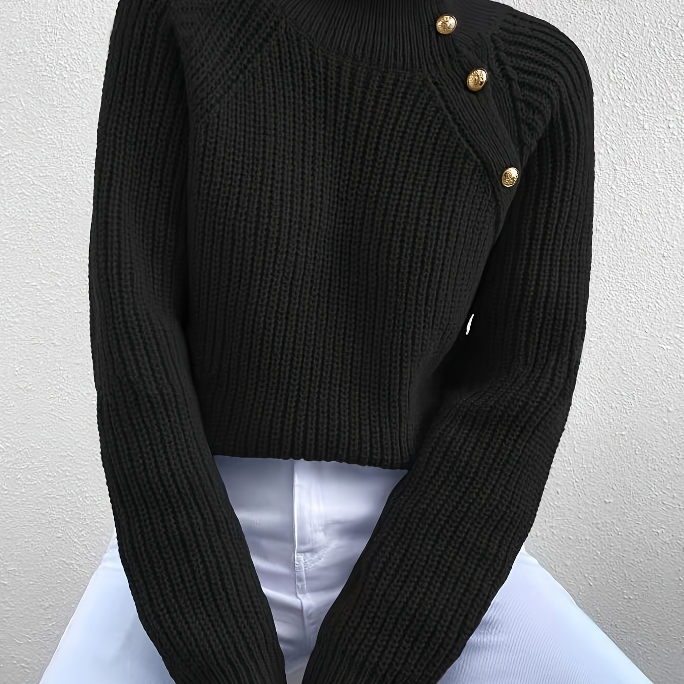 

Button Decor Mock Neck Sweater, Pull à col montant décontracté à manches longues pour l'automne et l'hiver, Vêtements pour femmes