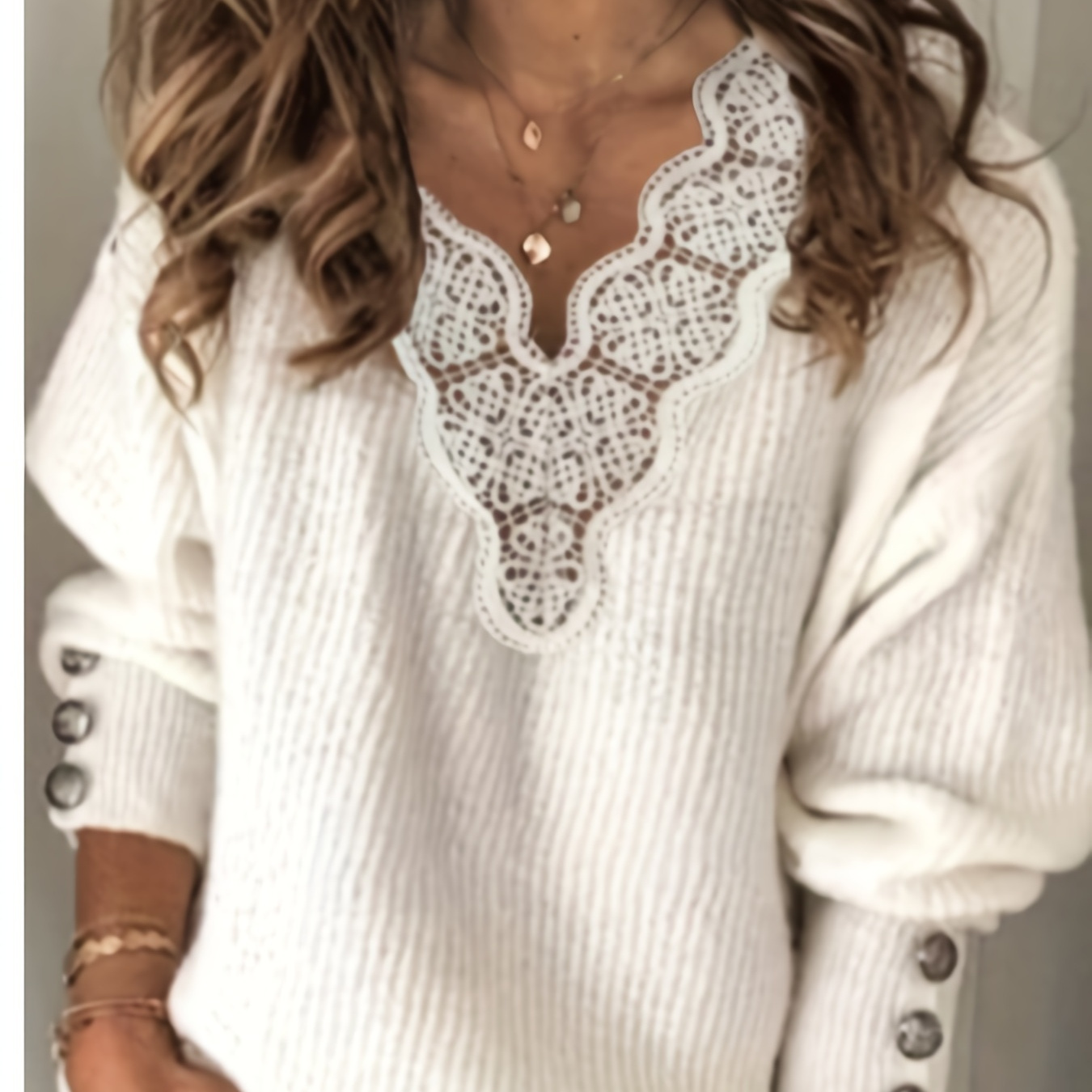 

Plus Size Elegant Sweater, Women's Plus Contrast Guipure Lace Button Decor Long Sleeve V Neck Pullover Jumper