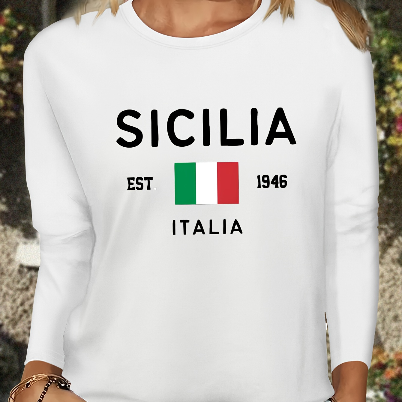 

Est. 1946 Italy Letter Print Long Sleeve T-shirt For Women - Casual Polyester Knit Fabric With Round Neck And Applique Detail - All Season Comfort