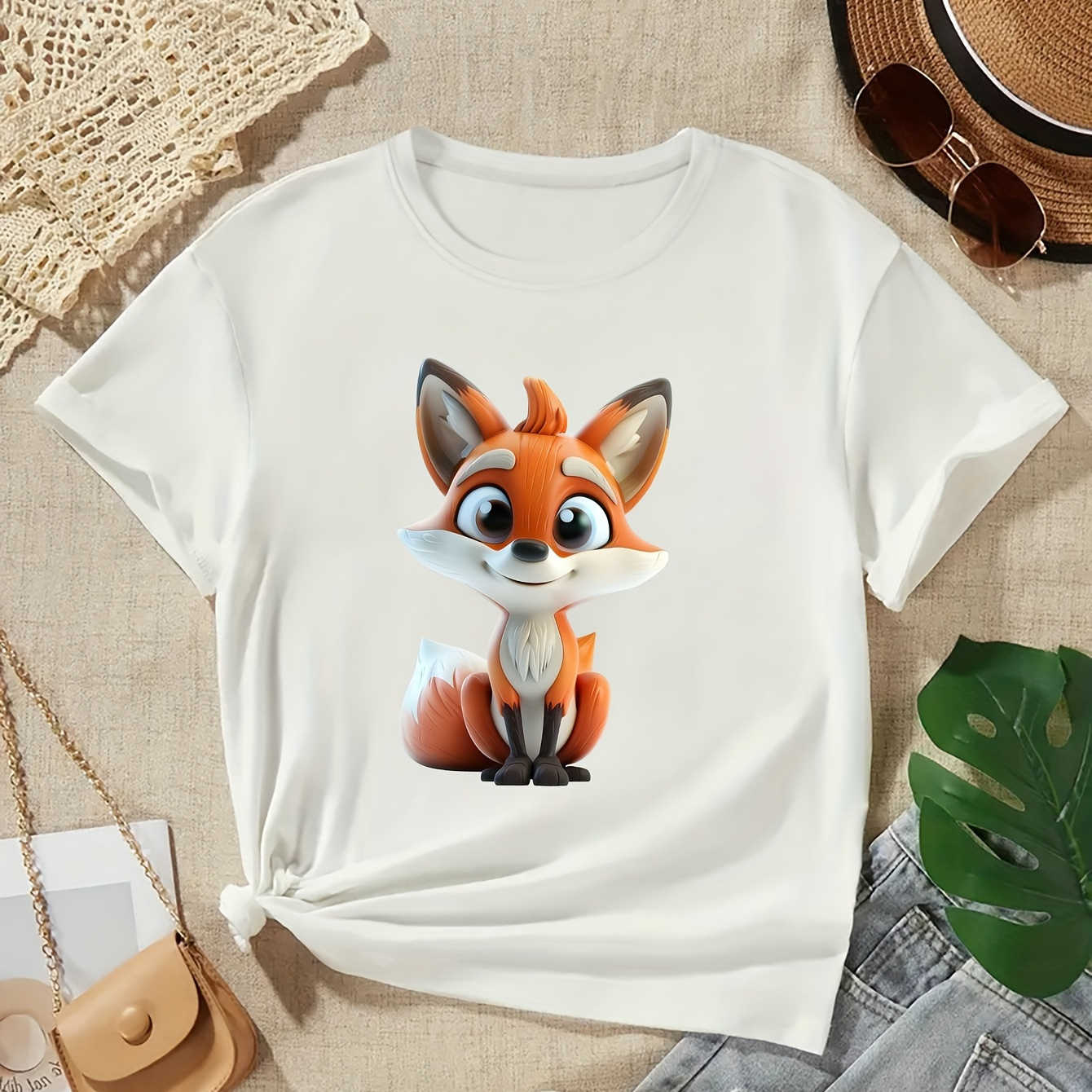 

Girls Summer Casual Fashion Cartoon Fox Printed T-shirt Top, Short Sleeves, Round Neck, Comfort Fit - Youthful Style