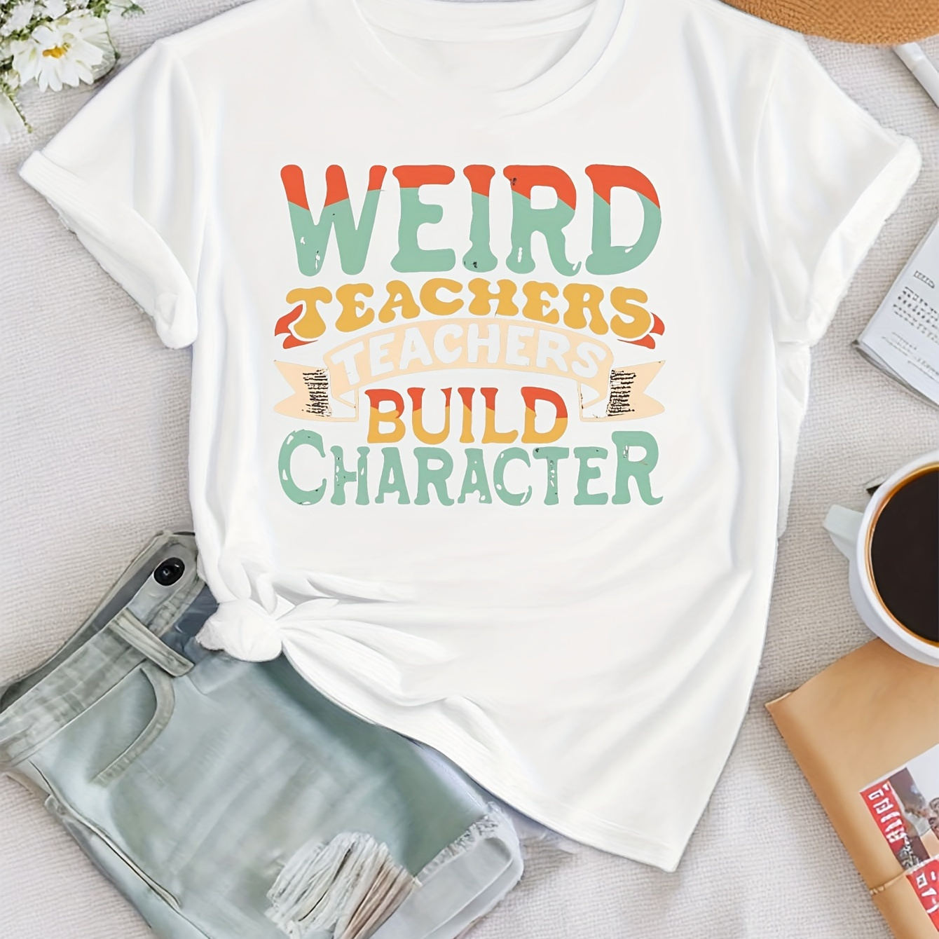 

Weird Teachers Build Character Print T-shirt, Short Sleeve Crew Neck Casual Top For Summer & Spring, Women's Clothing