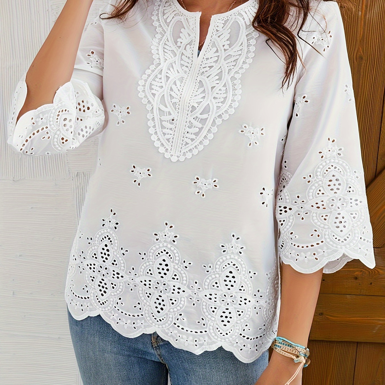 

1pc Elegant V-neck Floral Applique Embroidered Women's Blouse, 100% Polyester, Spring/autumn Casual Top, Adult Sizes