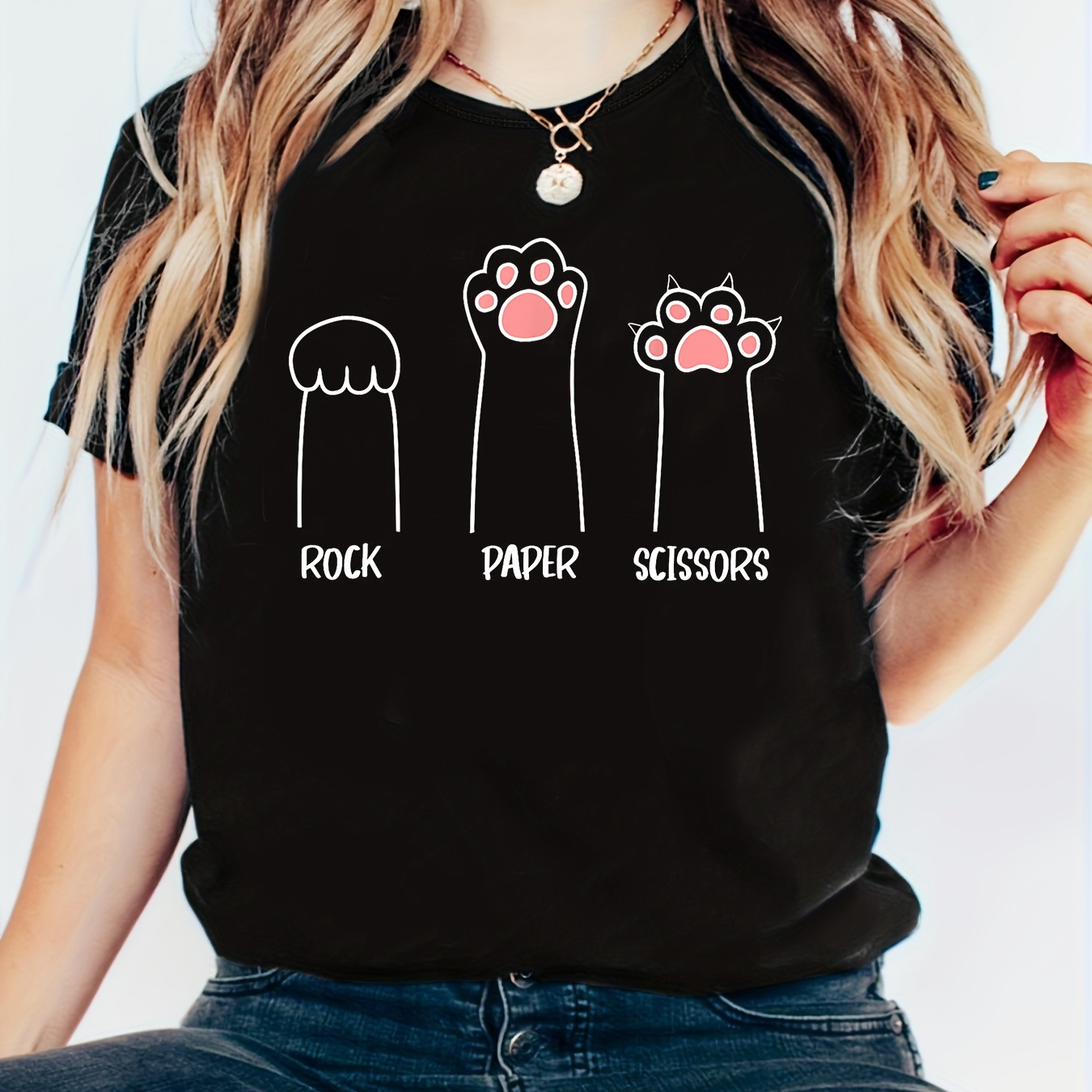 

Funny Rock Paper Scissors Cute Animal Paw Print Print T-shirt Women's Short Sleeve