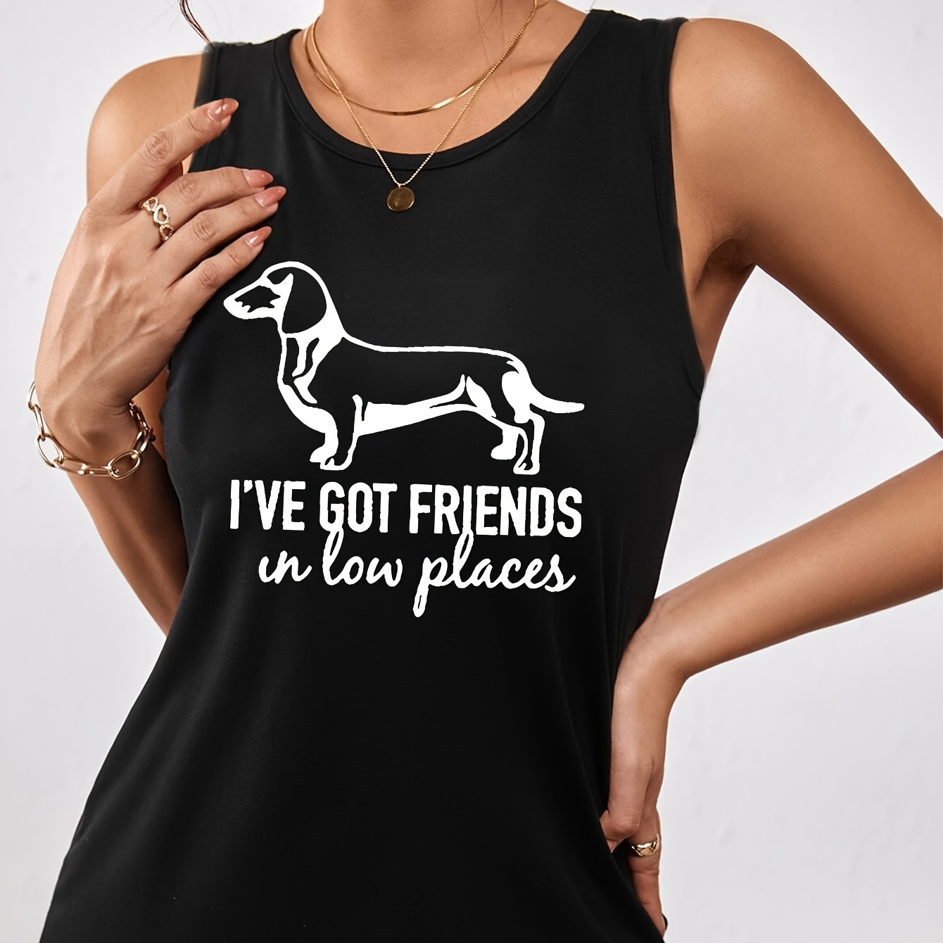 

Women's Sleeveless Tank Top With Dachshund Graphic, "i've Got Friends In Low Places" Quote, Round Neck, Casual Summer Vest T-shirt