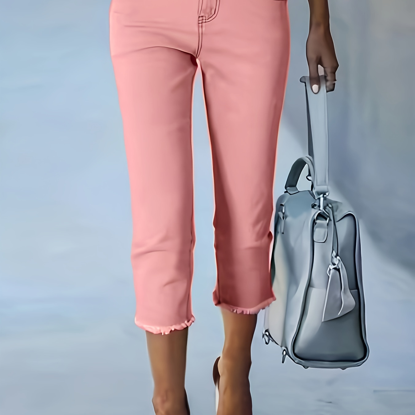 

Women's Casual Raw Hem Capri Denim Pants, Fashion Mid-rise Capri Trousers, Solid Color, Soft Plain Pinkish Pastel Color