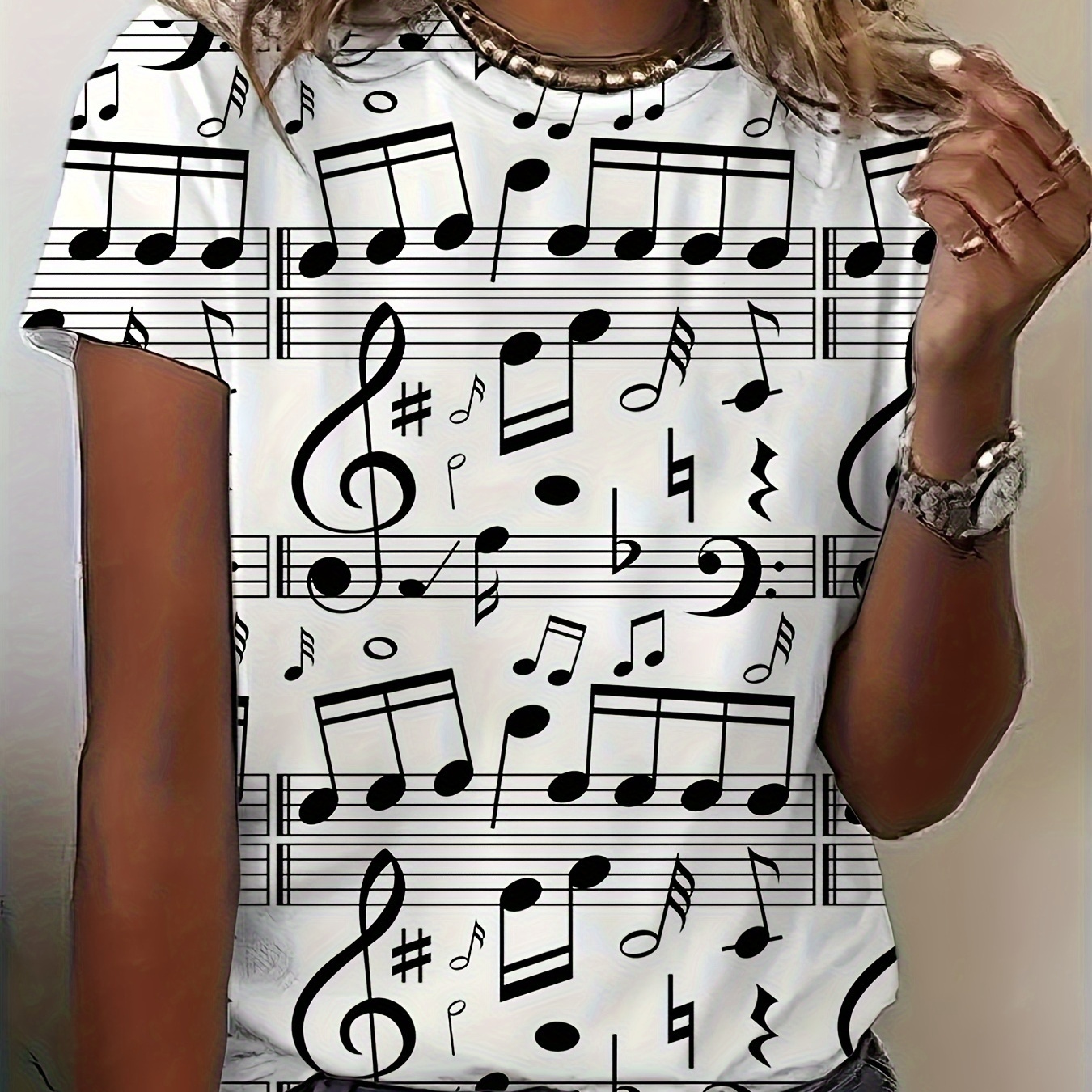 

Music Note Print T-shirt, Casual Crew Neck Short Sleeve Top For , Women's Clothing