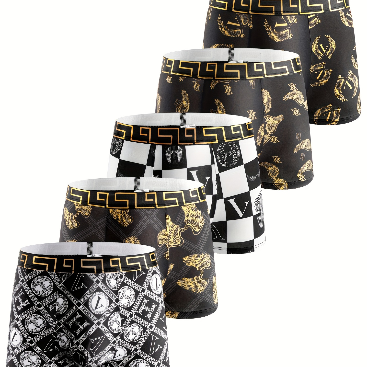 

Lot de 5 boxers ESSMO pour homme, motif géométrique noir et or, polyester 95 % élasthanne 5 %, tissu extensible moyen, sous-vêtements