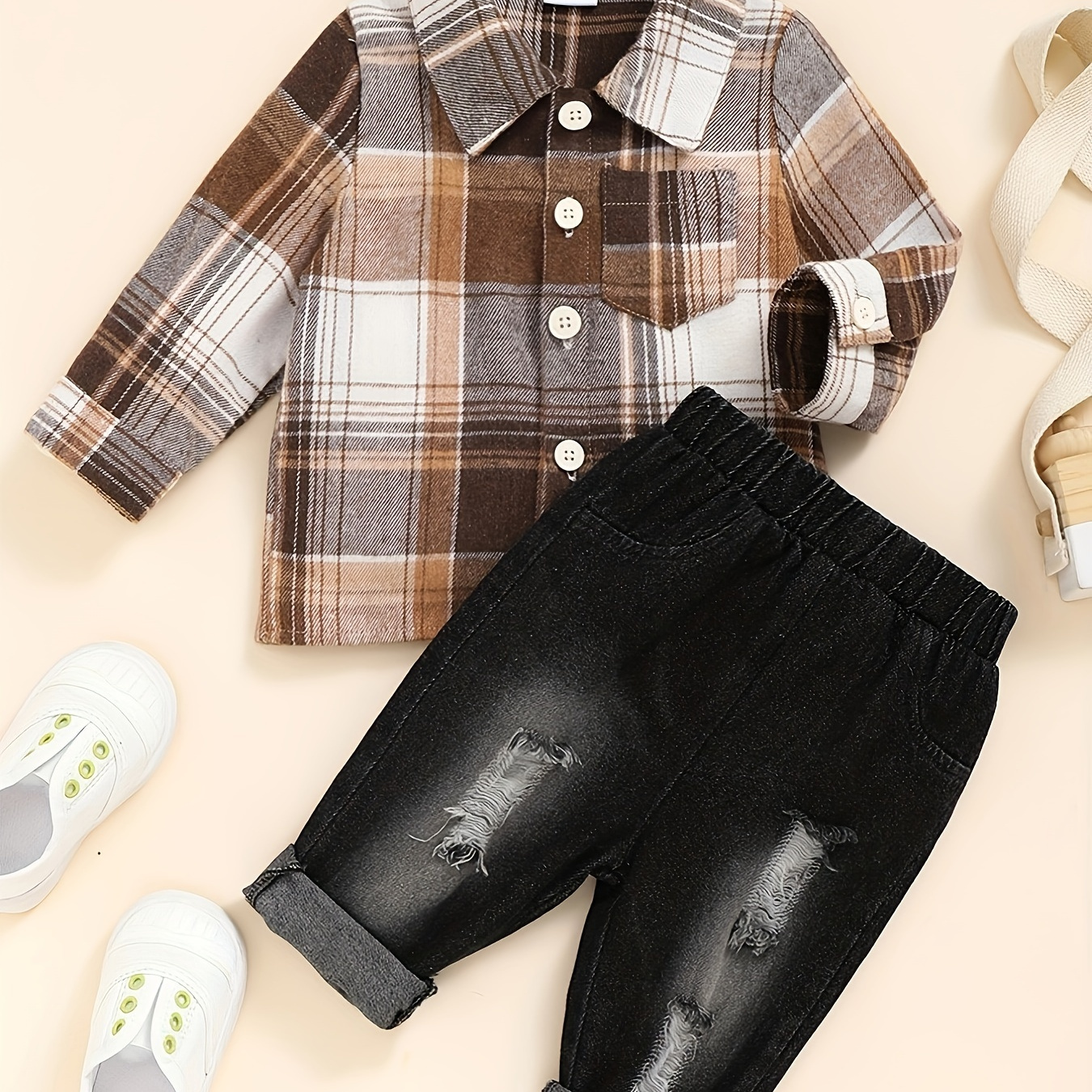 

2pcs Baby Boys Plaid Long Sleeve Shirt Top & Ripped Denim Jeans Set Toddler Clothes