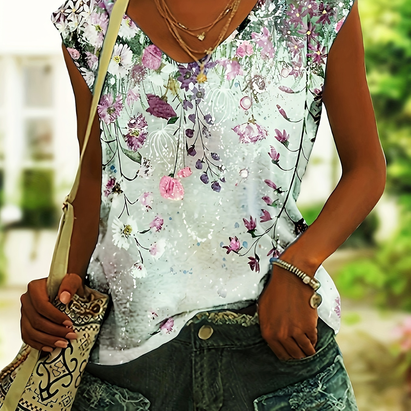 

Floral Print V Neck Tank Top, Casual Sleeveless Top For Spring & Summer, Women's Clothing