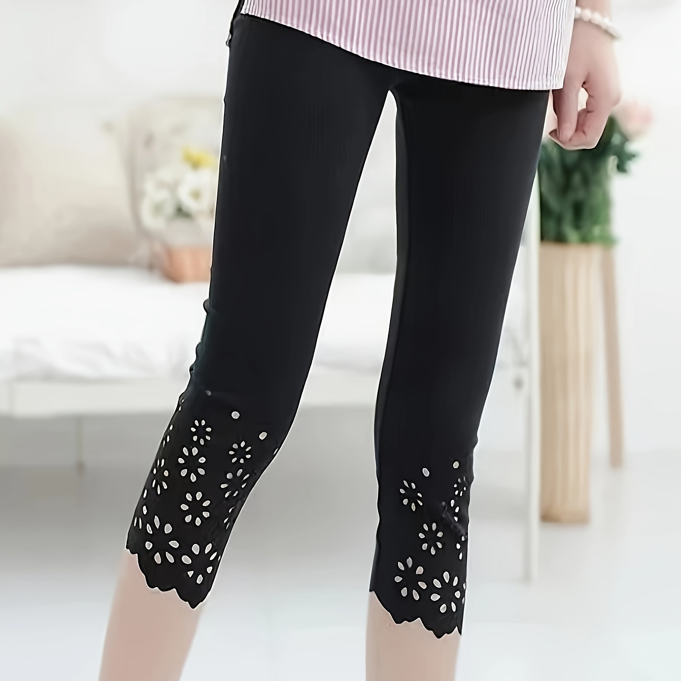 

Women's Summer Capri Yoga Leggings With Hollow-out Floral Design, Sport Style, Comfort Fit, For Casual Or Workout Wear