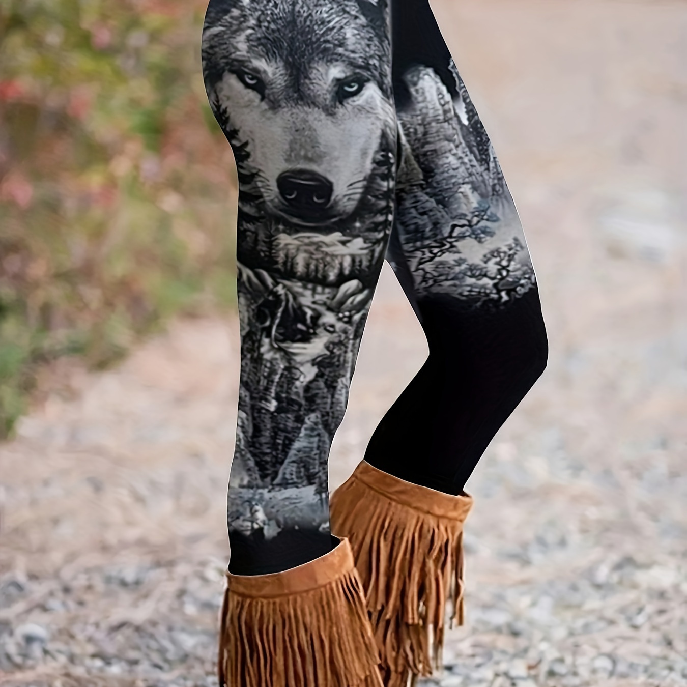 

Wolf Print Skinny Leggings, Casual High Waist Stretchy Leggings, Women's Clothing