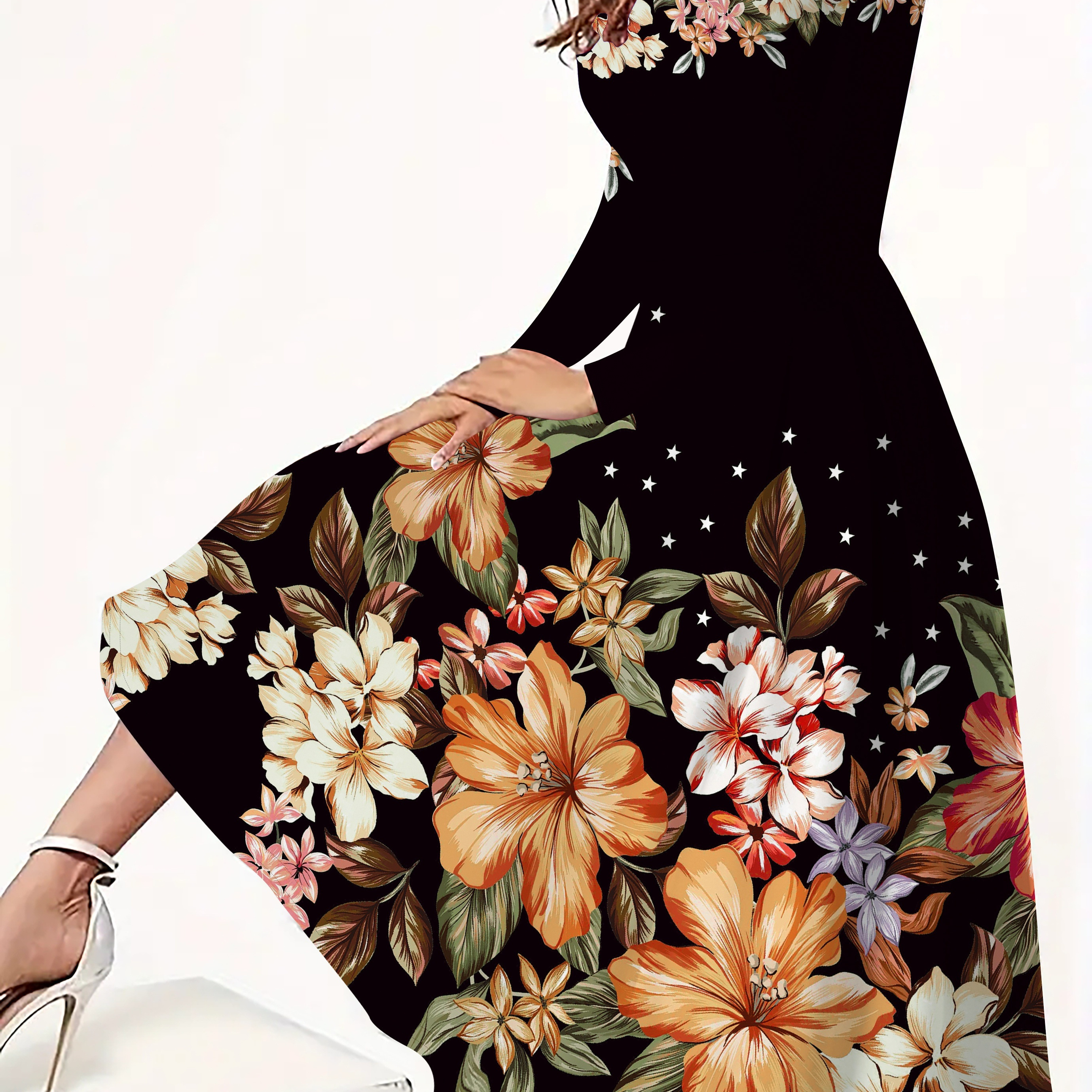 

Print Long Sleeve Dress For Women - Crew Neck, Stretchy Polyester , Machine Washable - Spring & Fall