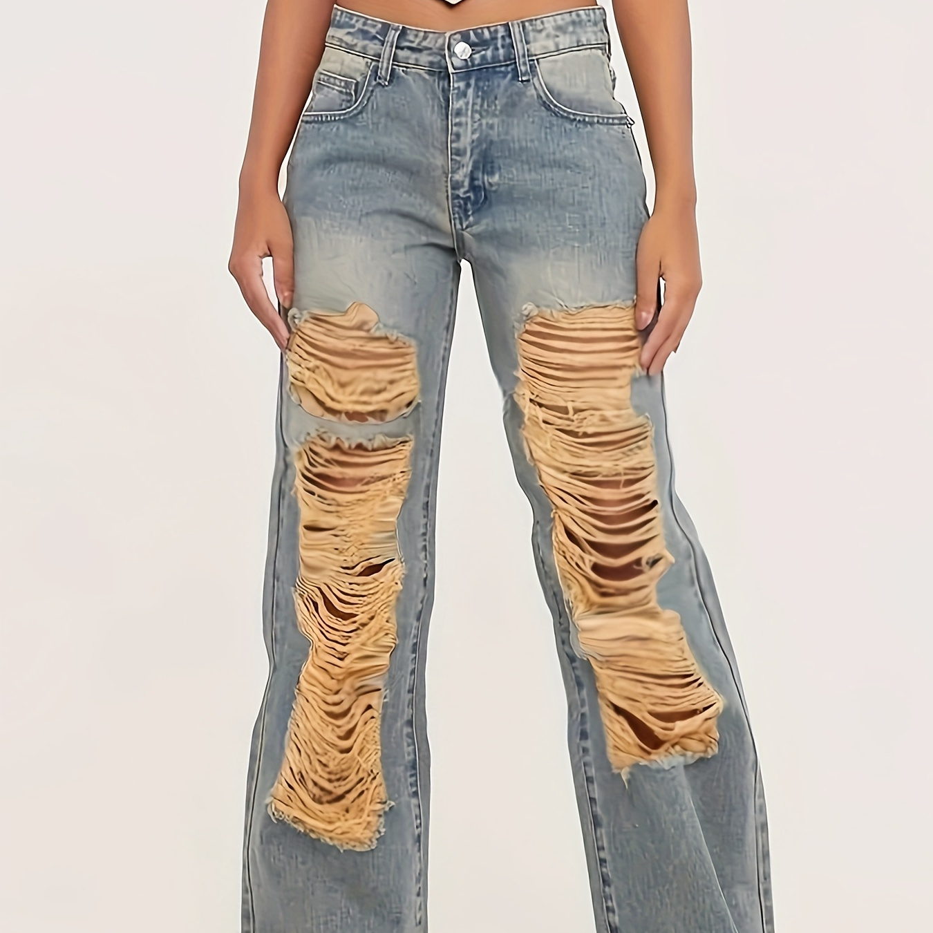 Ripped Holes Retro Style Baggy Jeans Loose Fit Non stretch - Temu