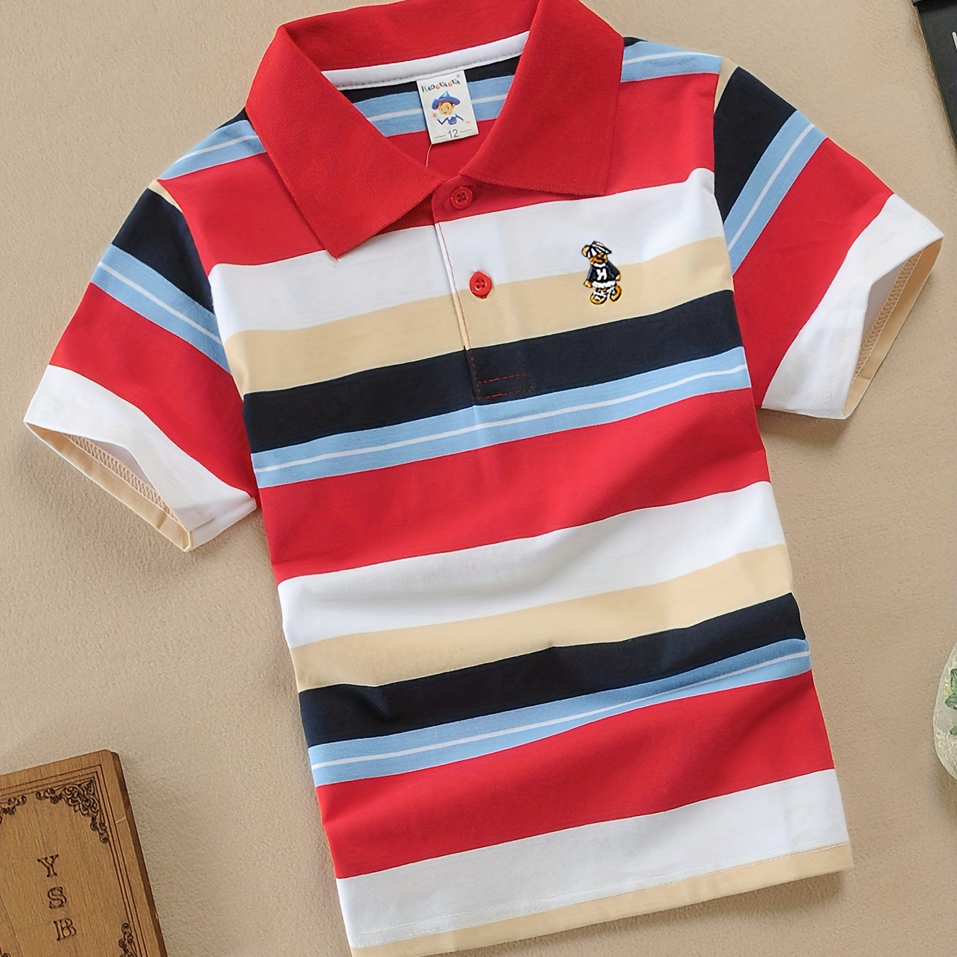 

Boys Red Striped Embroidered Lightweight Comfy Short Sleeve Golf Tops, Boys Clothes For Summer