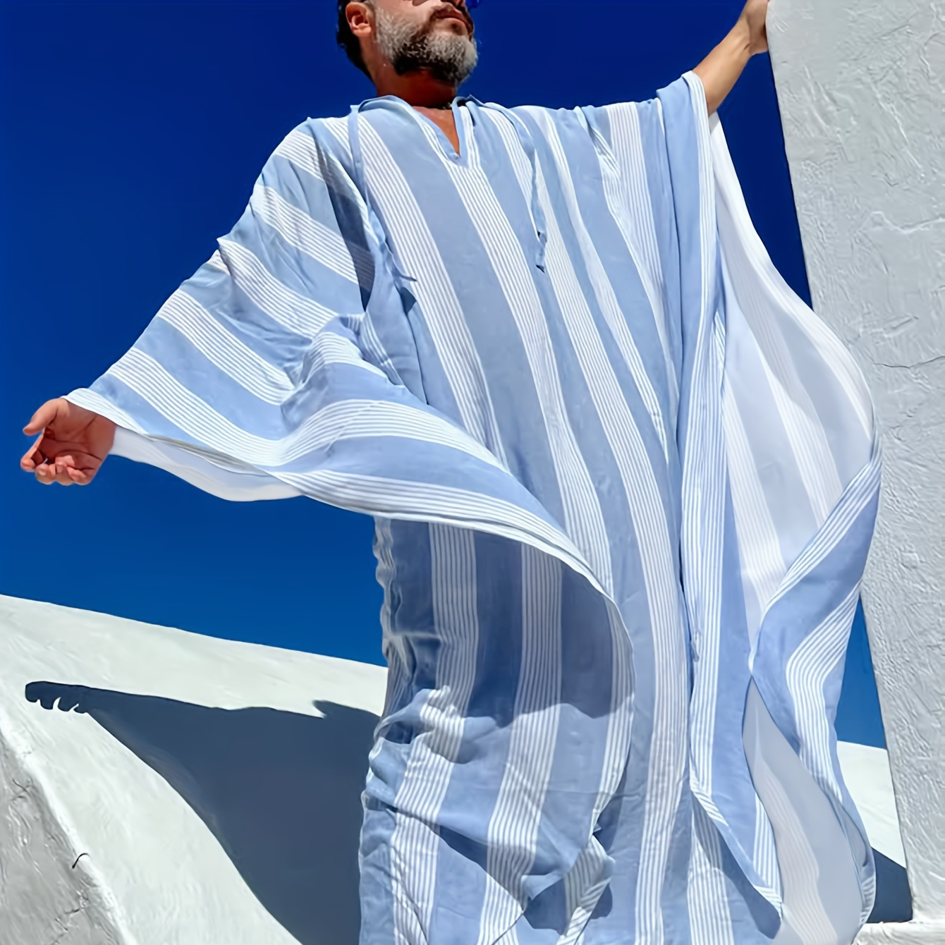 

1pc Men's Striped V-neck Long Sleeve Robe, Fashion Loose-fit Polyester Woven Bathrobe With Blue And