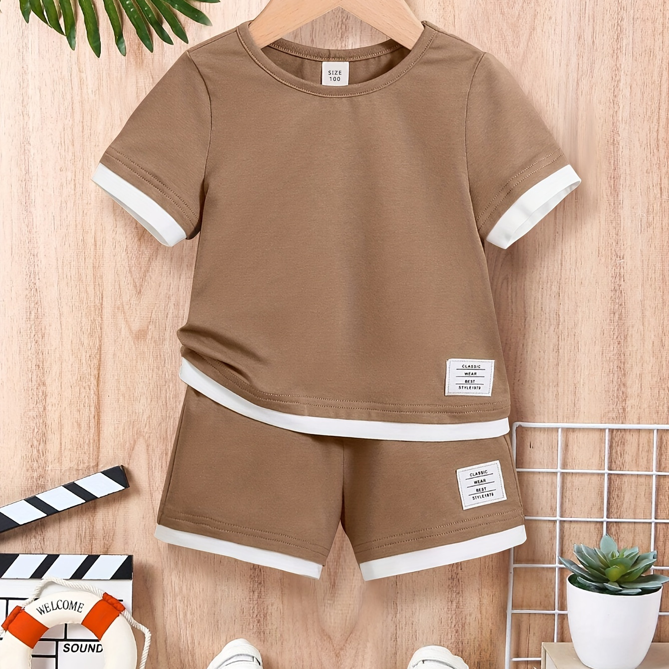 

2pcs, Splicing Outfits, Short Sleeve T-shirt + Elastic Waist Shorts Set For Boys Gift, Summer Clothes