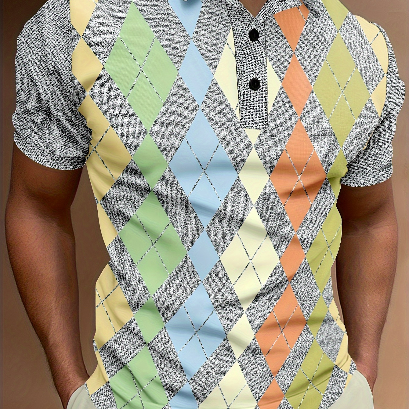 

Vintage Color Block Argyle Pattern Men's Short Sleeve Lapel Shirt, Summer Golf, Men's Clothing