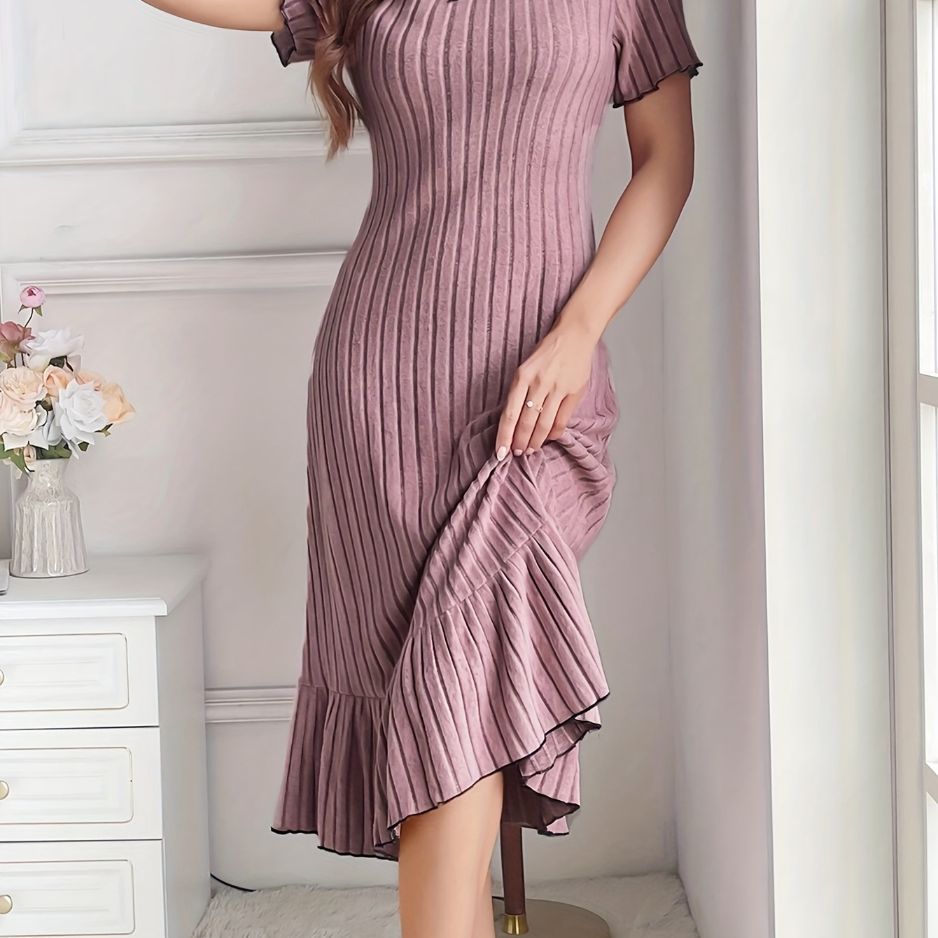 

Elegant Polyester Nightgown Sleep Dress, High Neck, Short Sleeve, Solid Color, Knit Fabric, With Ruffle Hem And Bow Detail, For Spring/summer/fall - Adult Nightwear