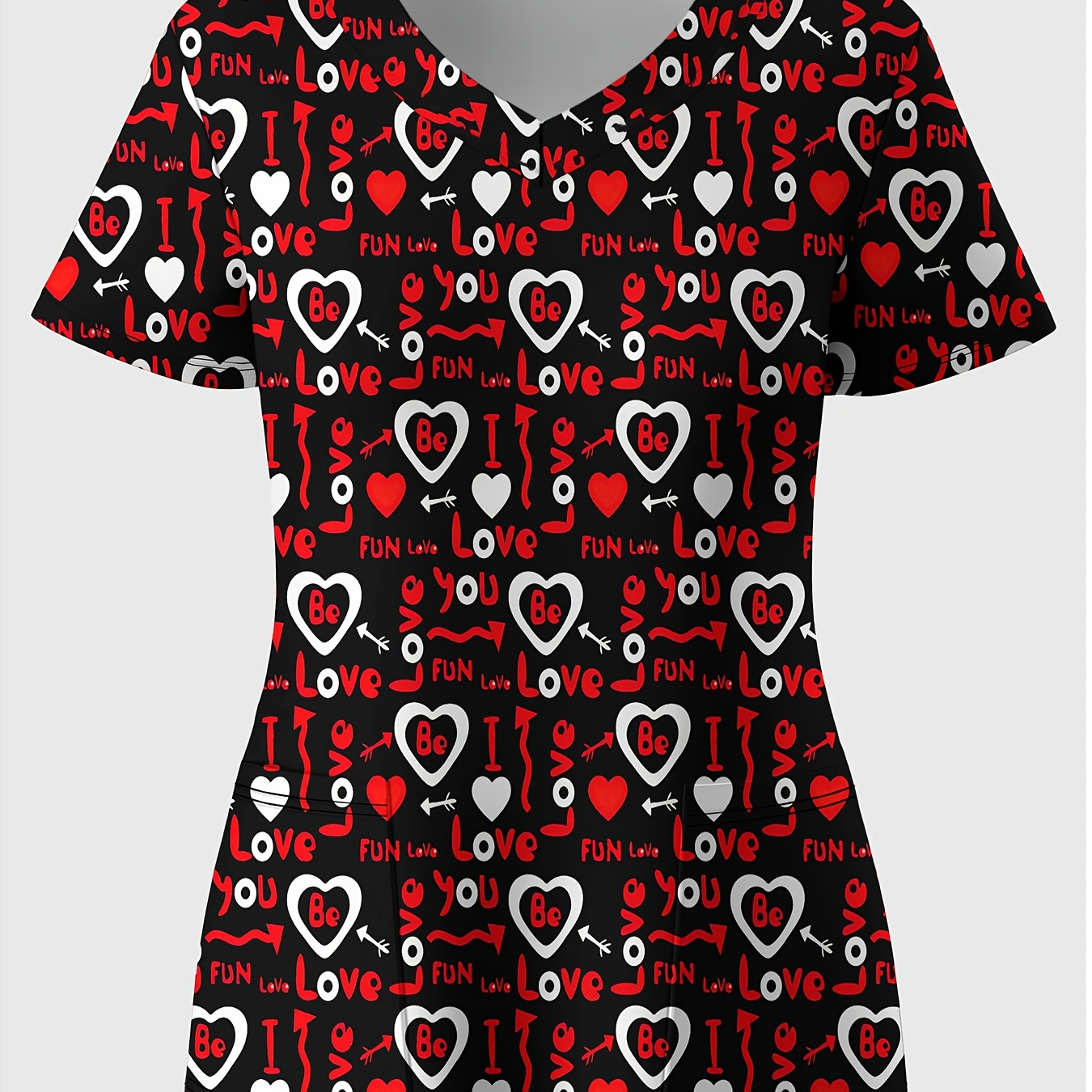 

Size Women's V-neck Scrub Top With 3d Heart Print & Functional Pockets - Nurses, Medical Professionals & Workers