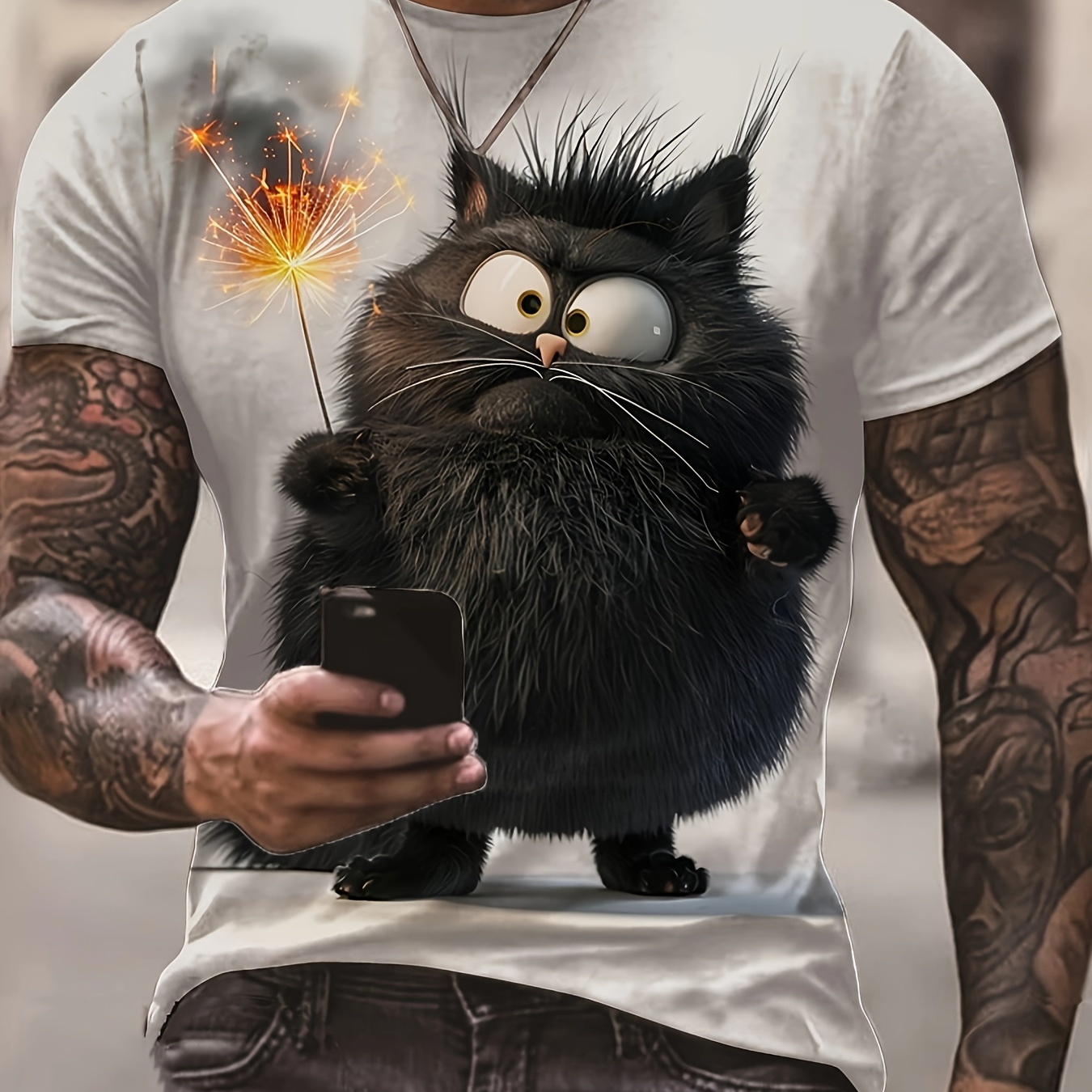 

Men's 3d Digital Animation Style Cat And Firework Pattern Crew Neck Short Sleeve T-shirt, Casual And Trendy Comfy Tops For Summer Outdoors Wear