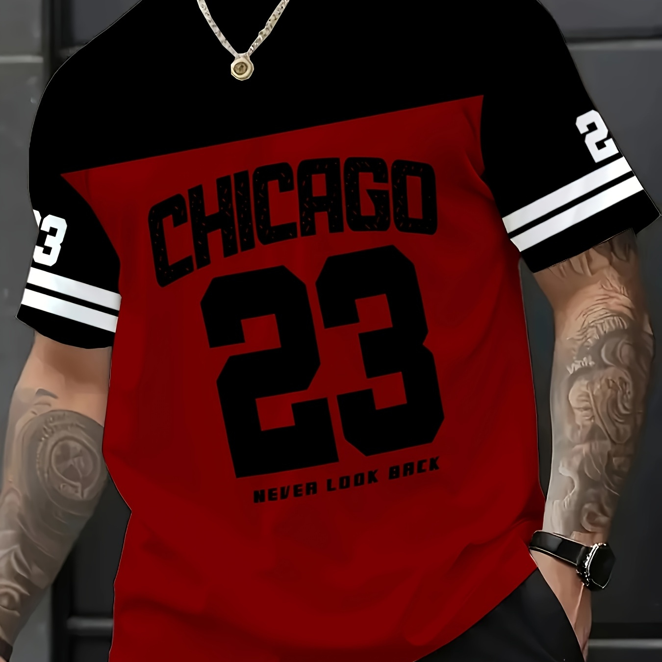 

Men's Casual Crew Neck T-shirt, Chicago 23 Number Print, Polyester Knit Fabric, Stretch, Regular Fit, Summer Short Sleeve Tee For Daily & Weekend Wear