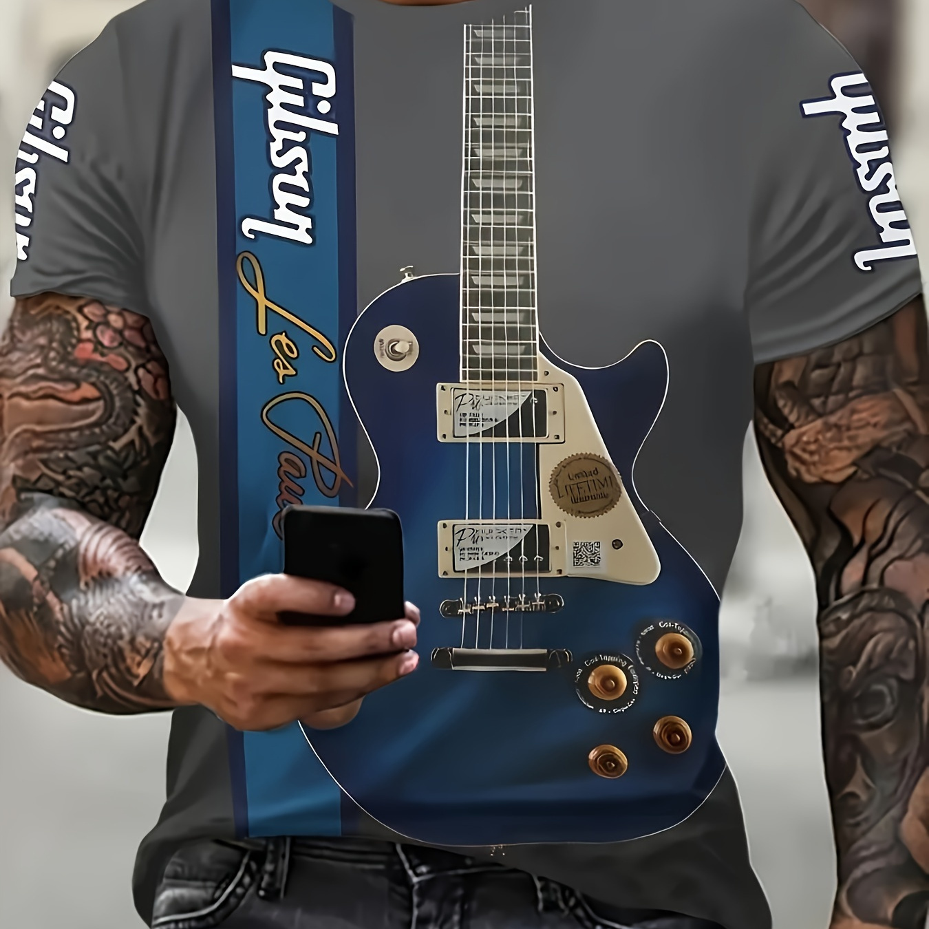 

3d Guitar & Letter Pattern Crew Neck T-shirt For Men, Casual Short Sleeve Top, Men's Clothing For Summer