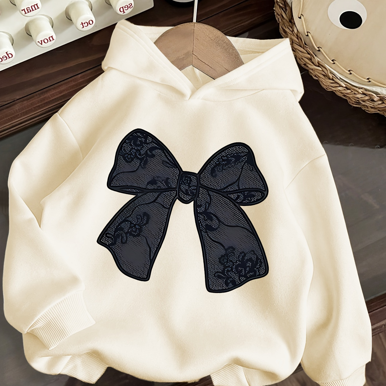 

Casual Fashion Hoodie With Lace Bow Applique - 100% Polyester, Hooded, Stretch, Alphabet Print, Fall/winter Collection, Regular Fit, Knit Fabric, 12 And Under