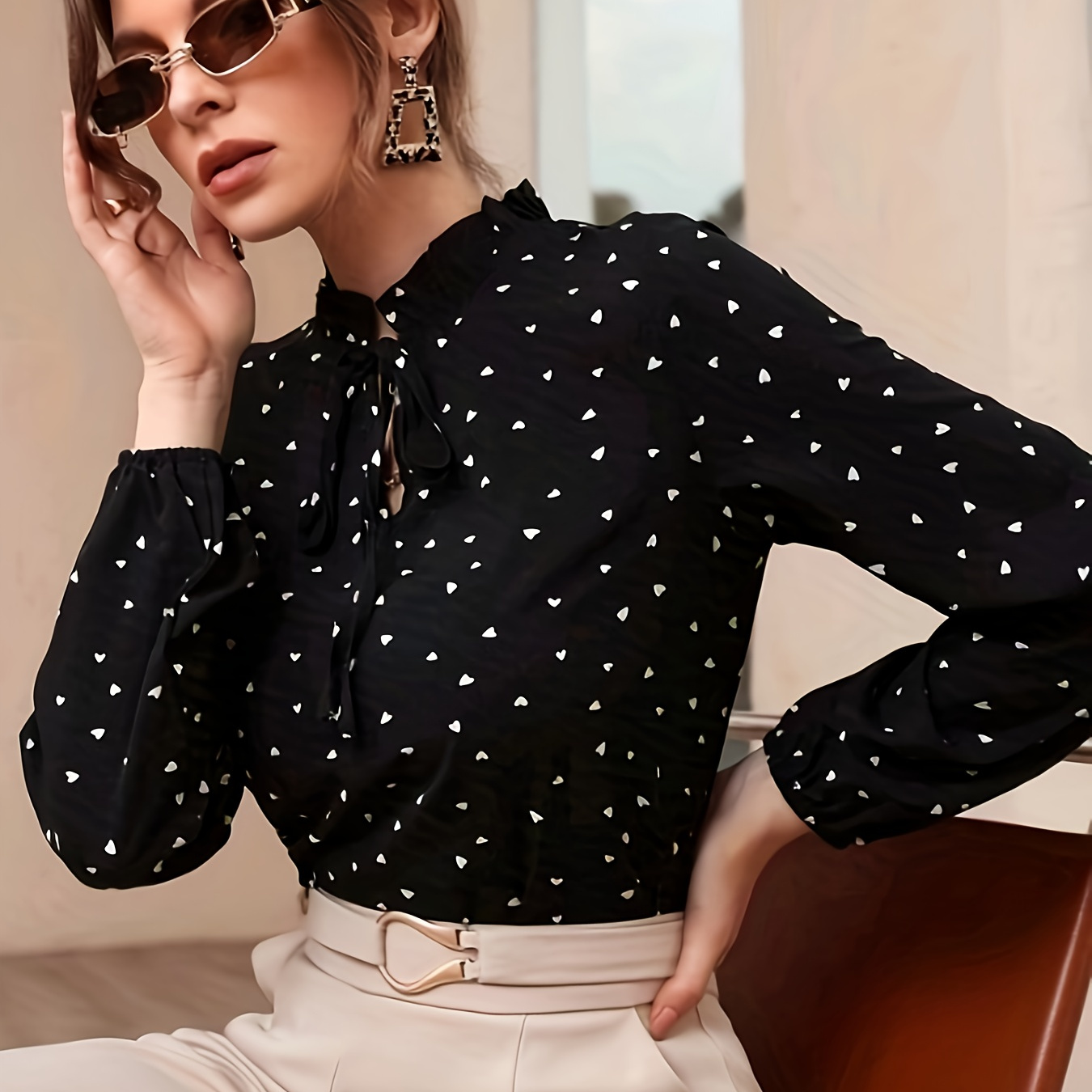 

Heart Print Tie Neck Blouse, Elegant Long Sleeve Blouse For Spring & Fall, Women's Clothing