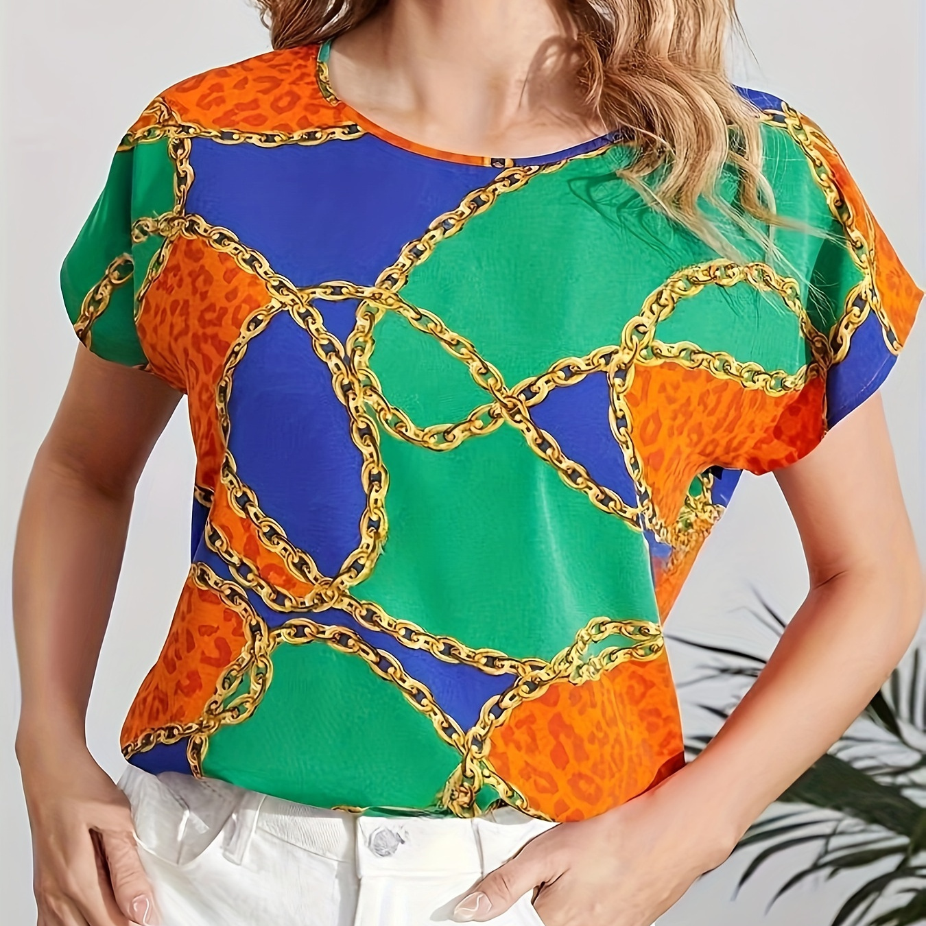 

Chain Print Color Block Blouse, Casual Short Sleeve Loose Crew Neck Blouse, Women's Clothing